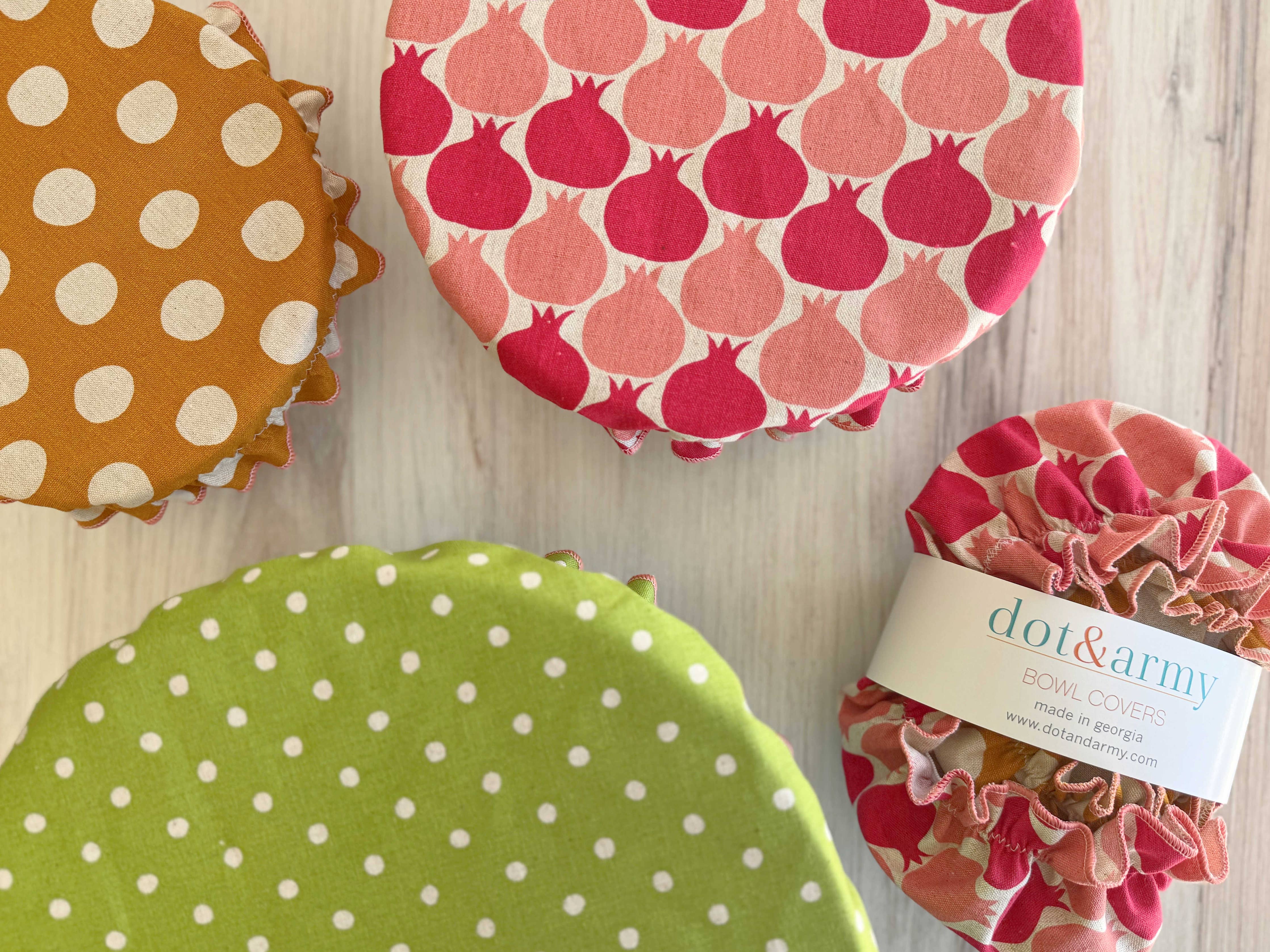 Garden Party Bowl Covers set of three displayed on bowls