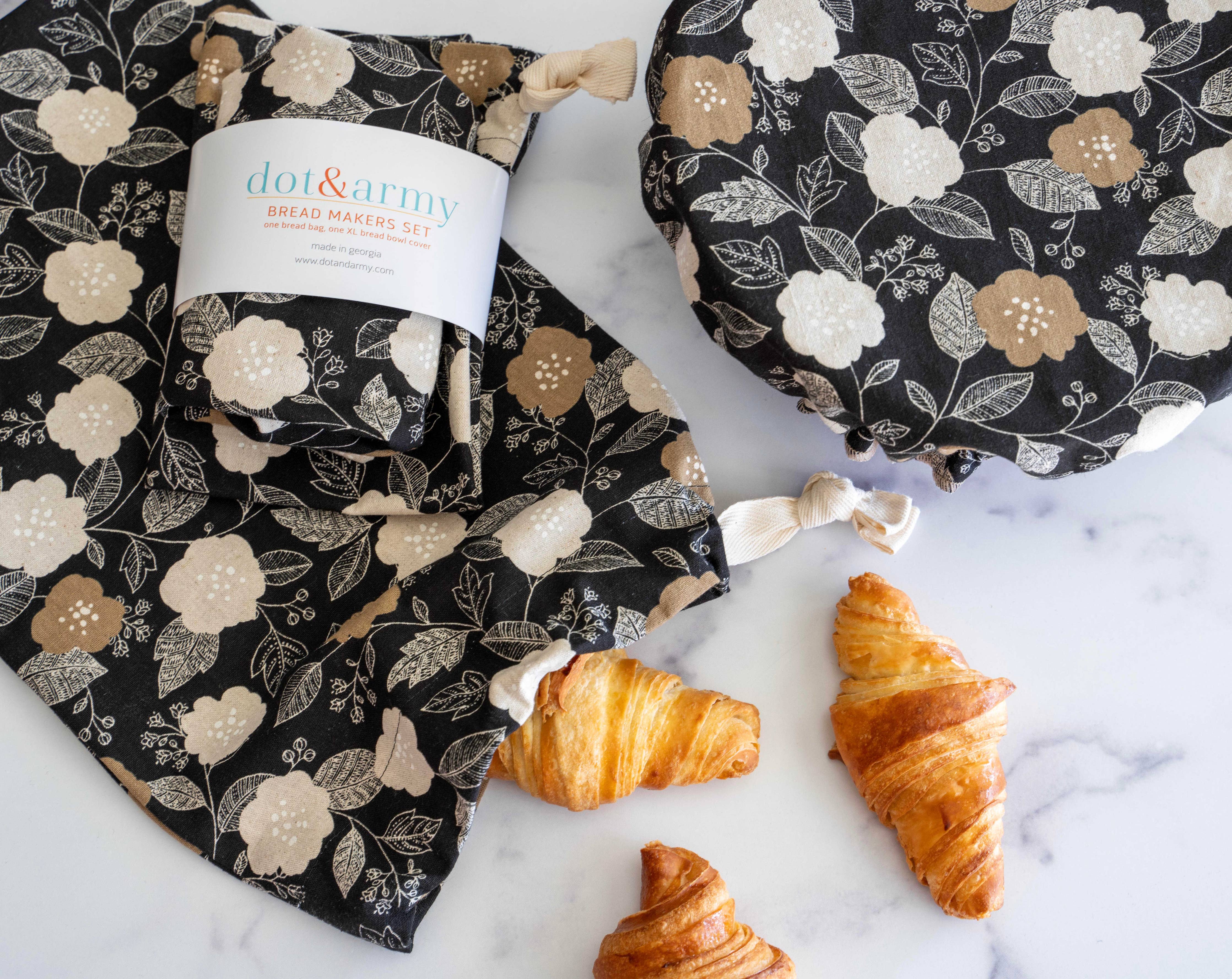 Black floral bread makers set with bowl cover and bread bag