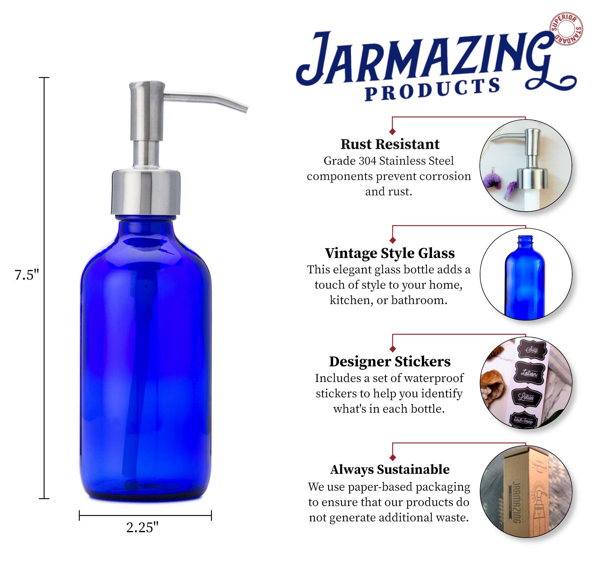 Cobalt glass 8oz lotion dispenser stainless steel top view