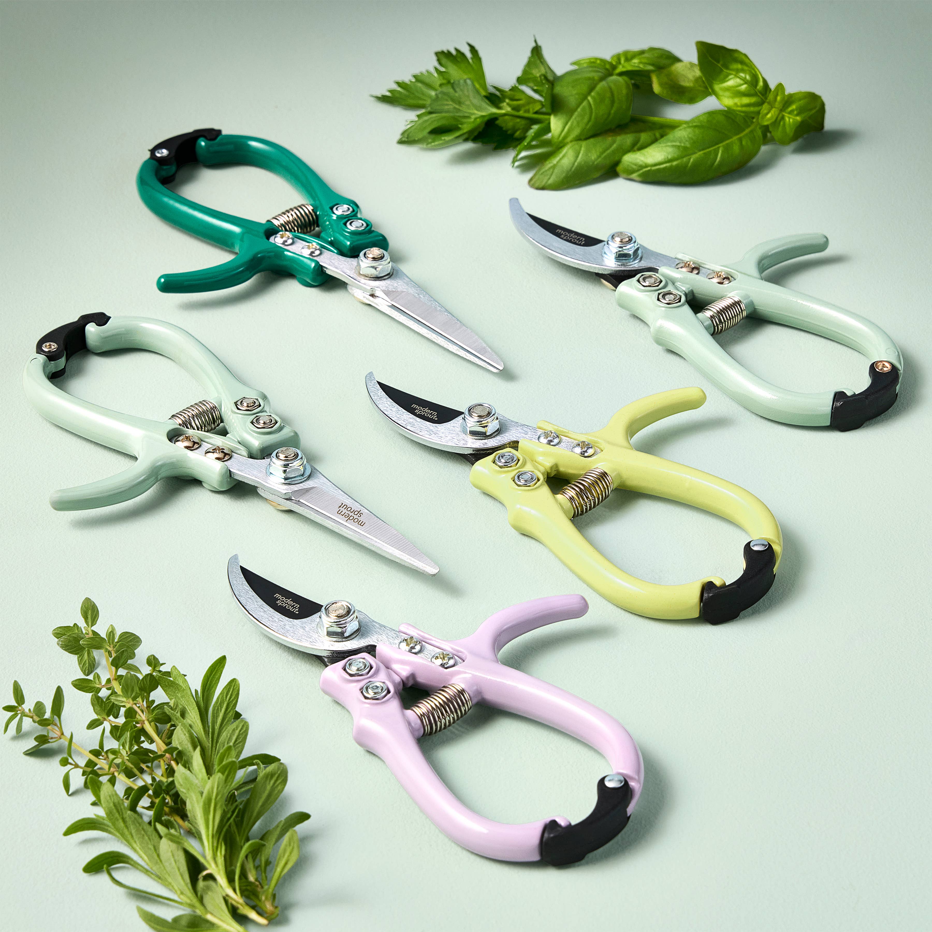Garden shears with colorful handles close-up