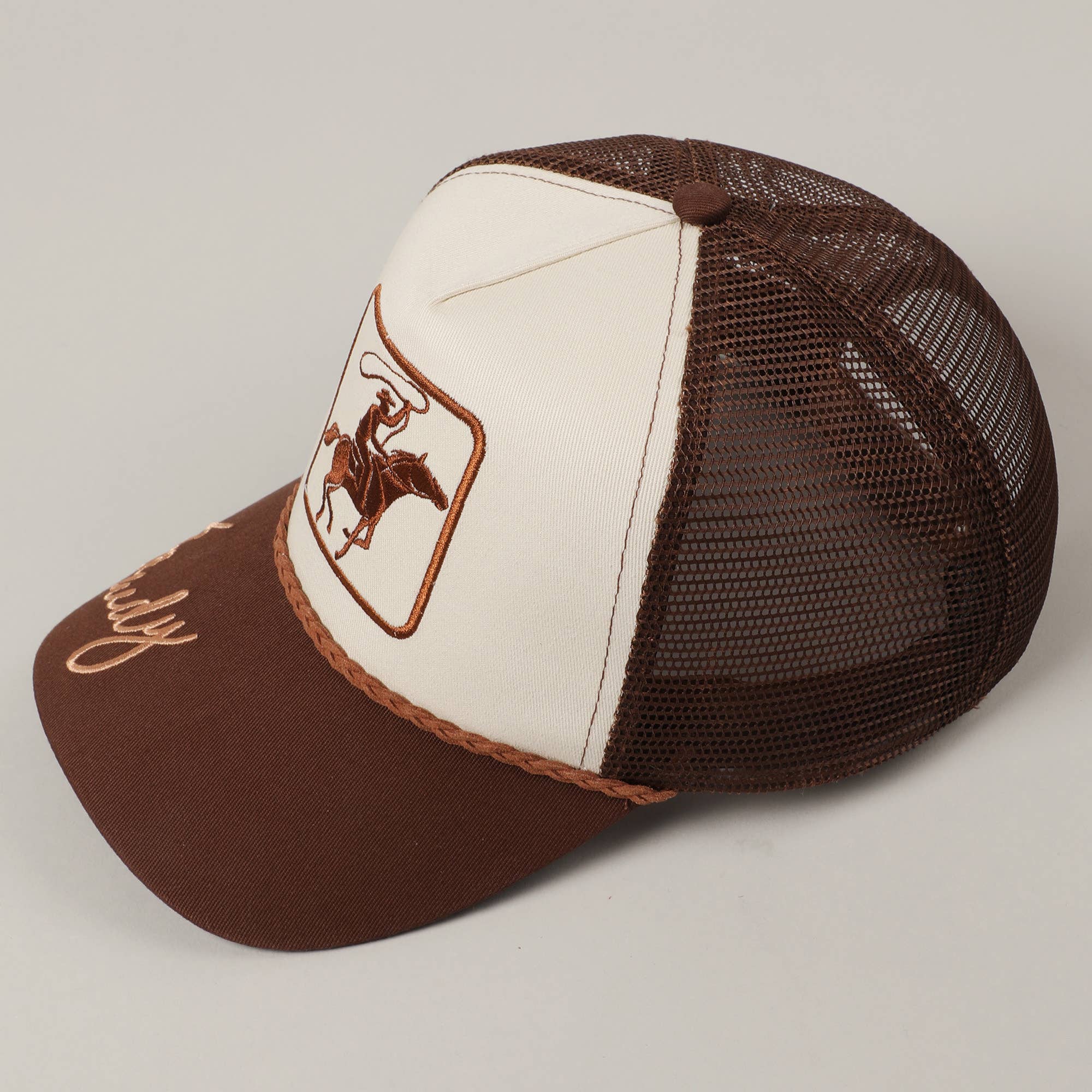 Cowboy image Howdy embroidered mesh back cap side view