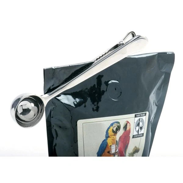 Norpro Coffee Tea Scoop with bag clip in use