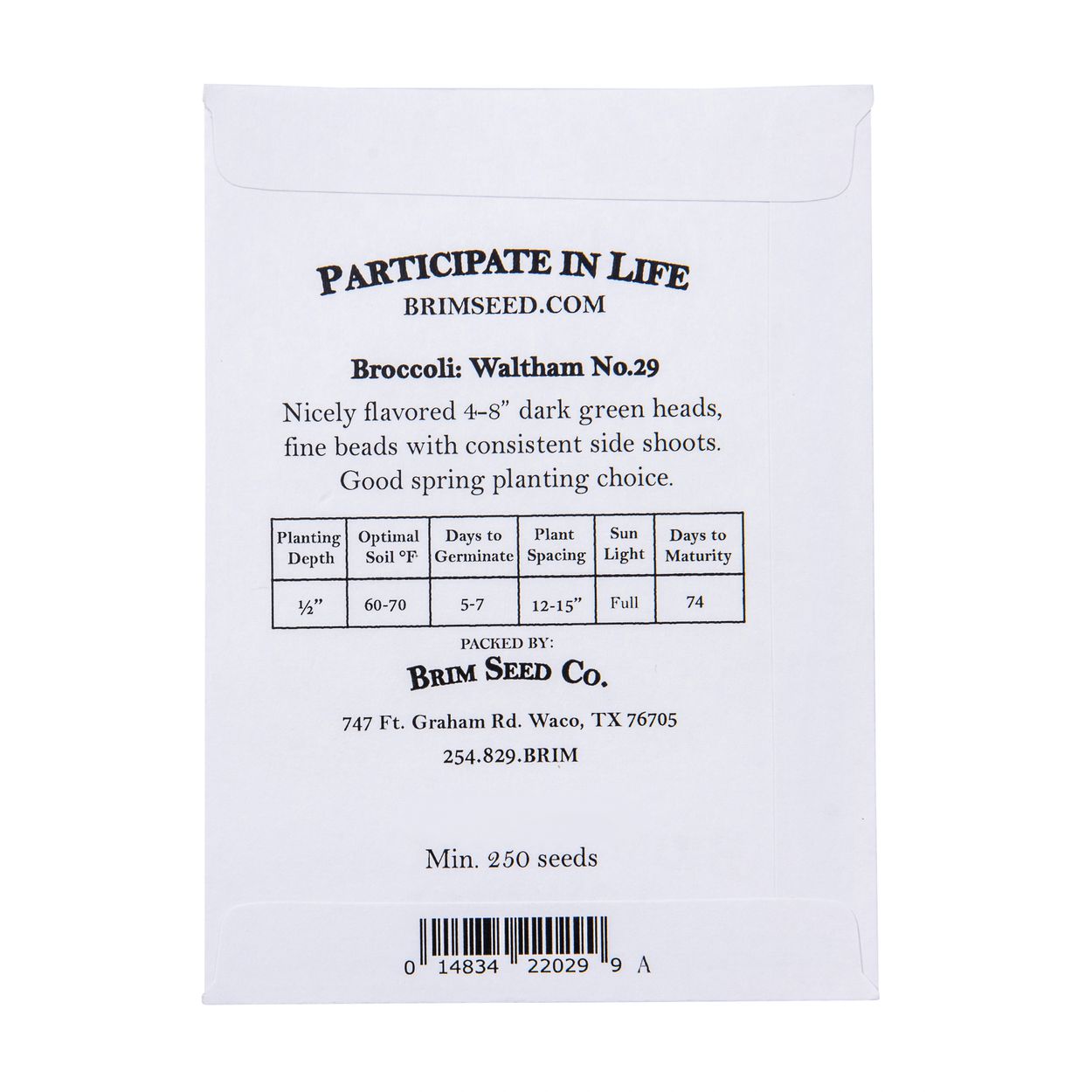 Waltham No.29 Broccoli seed packet back with details
