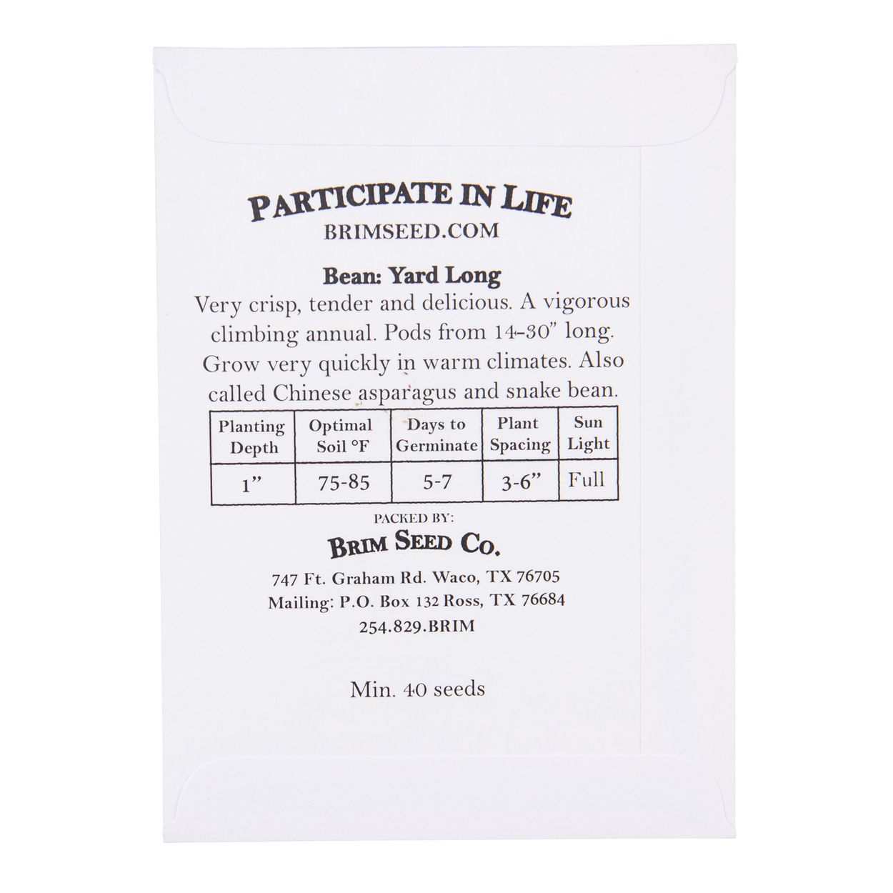 Brim Seed Co. - Yard Long Bean Heirloom Seed