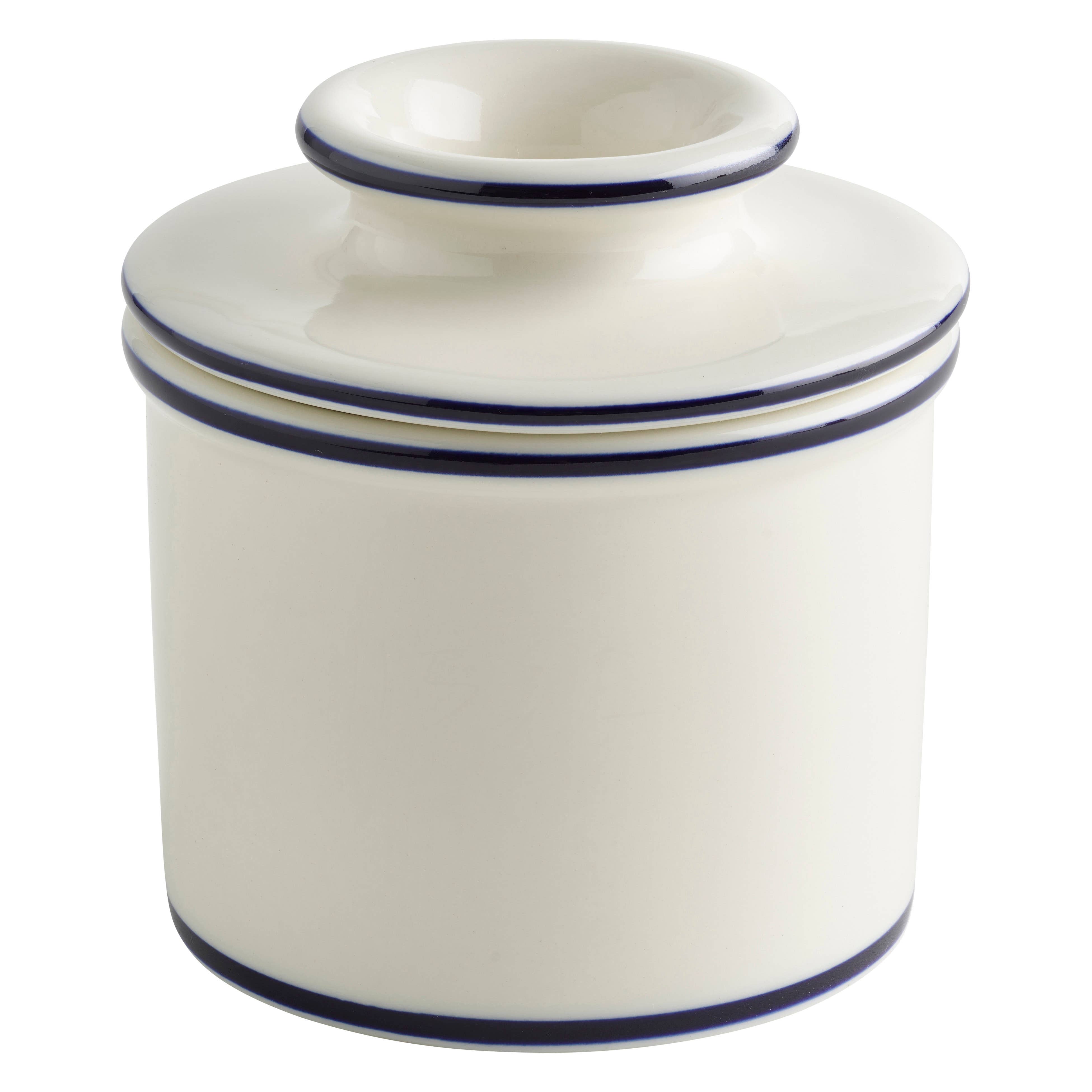 Le Bistro Butter Bell crock in white with blue trim