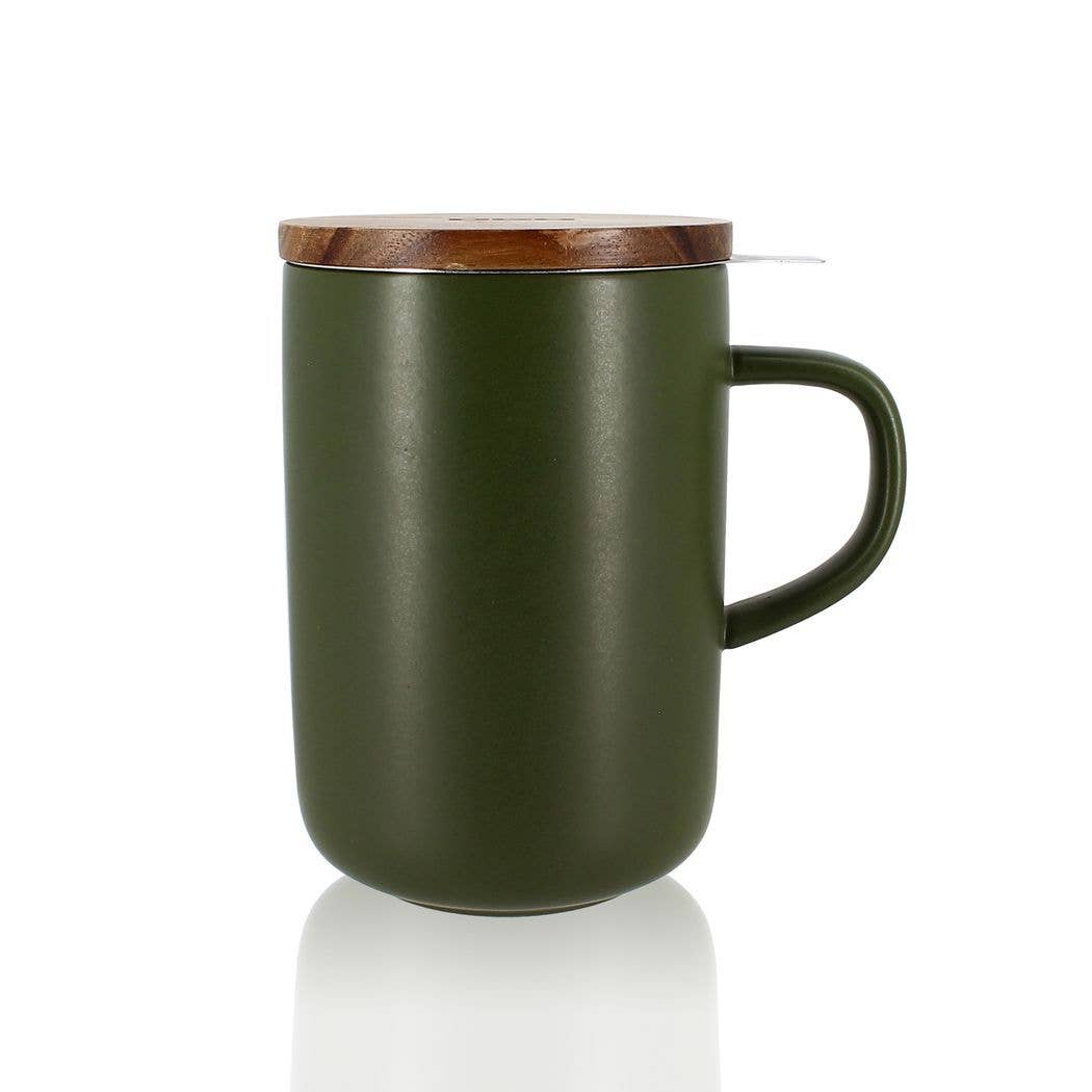 Juliet khaki stoneware tea mug with acacia lid