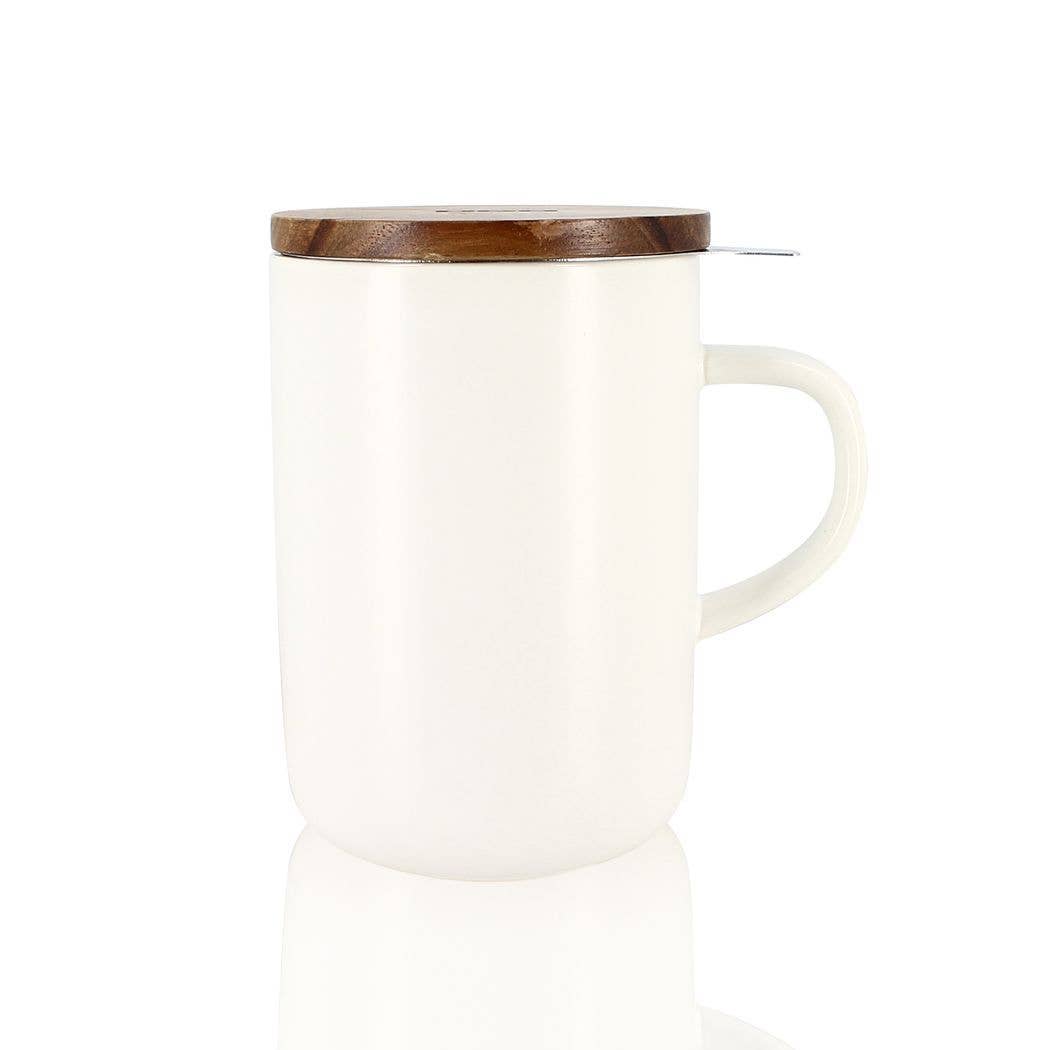 Juliet white stoneware tea mug with acacia lid