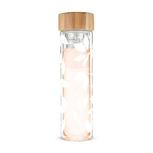 Blair white leaf pattern glass travel infuser mug