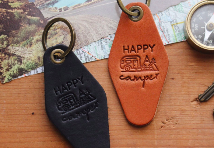 Traveling Penny Happy Camper Motel leather keychain fob