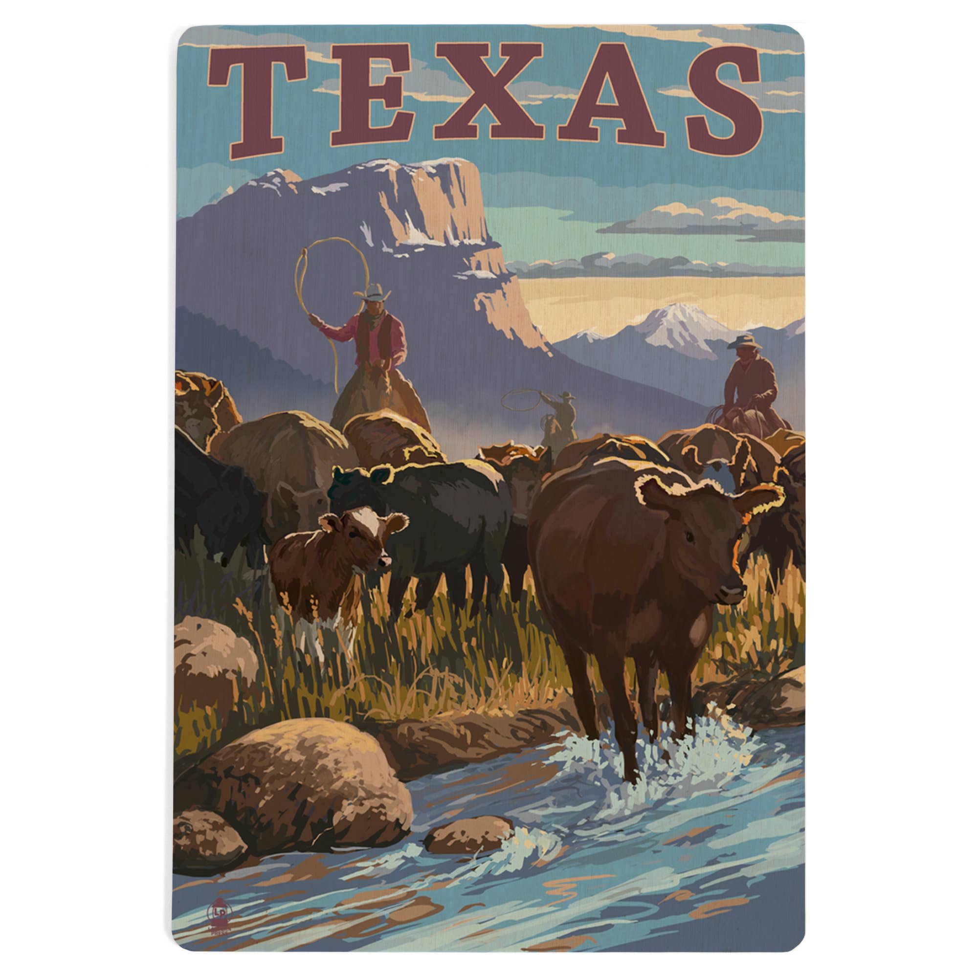 WOOD POSTCARD Texas, Cowboy Cattle Drive Scene