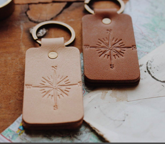 Traveling Penny double sided compass leather keychain fob