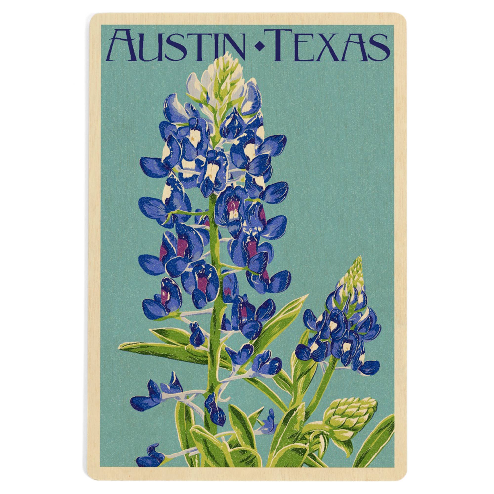 WOOD POSTCARD Austin, Texas, Bluebonnet, Letterpress