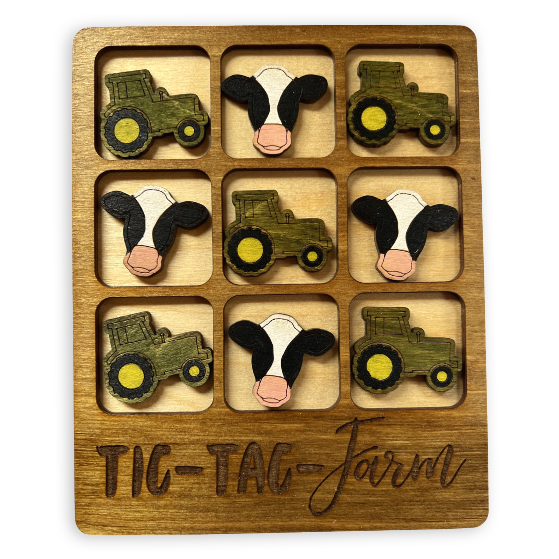 Customizable farm-themed tic-tac-toe wooden game