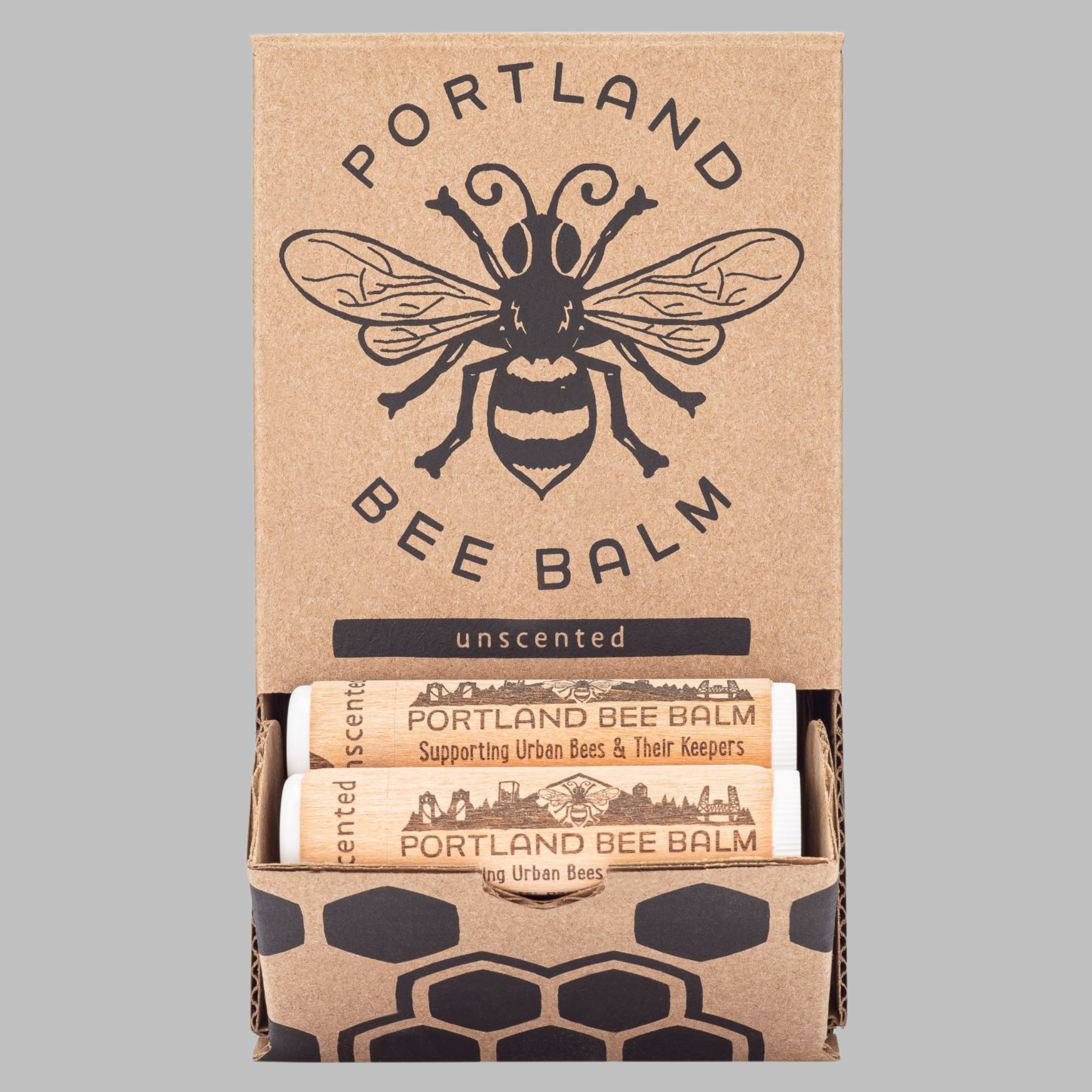 Organic unscented beeswax lip balm with shelf display