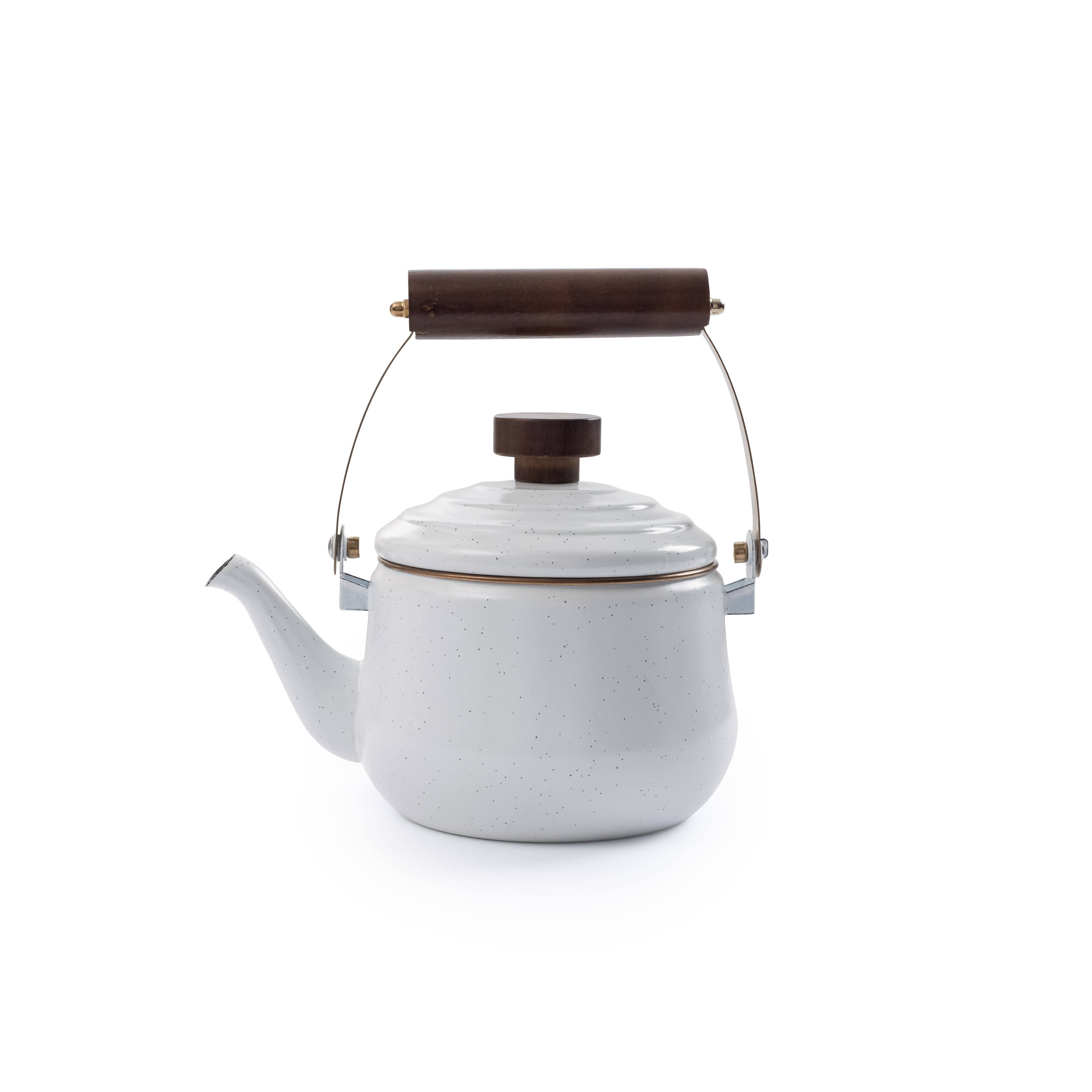 Barebones Enamel White Teapot with classic camp style
