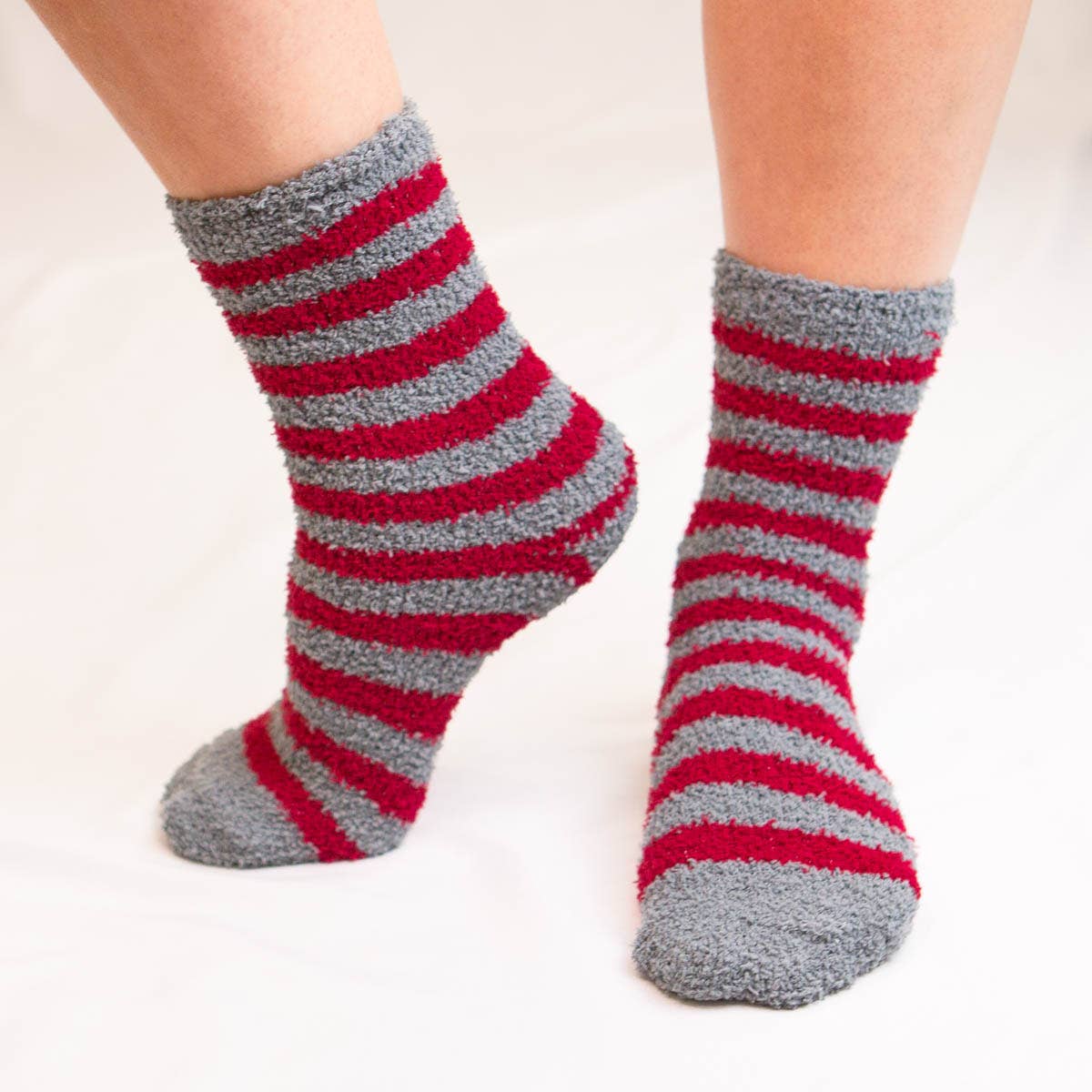 Team Stripe Cozy Socks in gray and maroon one size