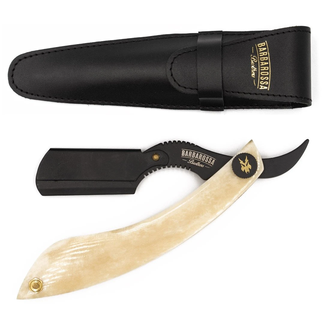 The Cutlass cut throat razor with cream buffalo bone handle