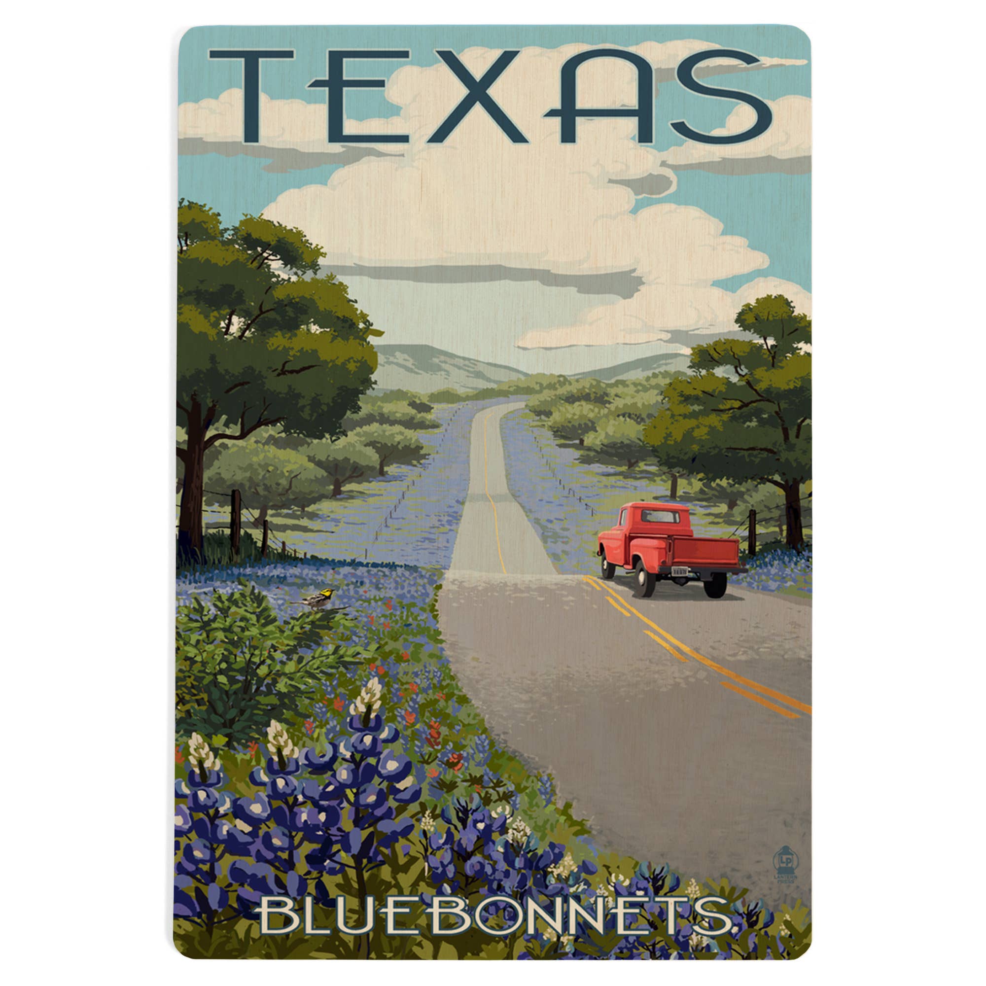 WOOD POSTCARD Texas, Bluebonnets & Highway