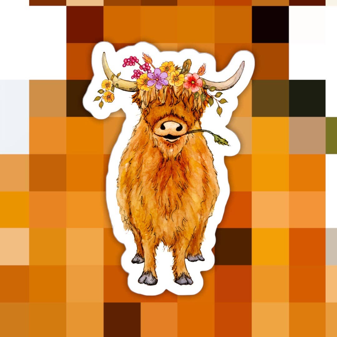 Highland Cow Floral Sticker
