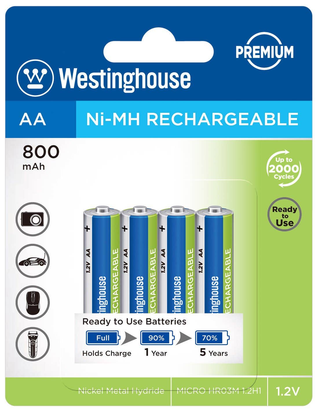 Westinghouse AA Ni-Mh Rechargeable Batteries 800 Blister 4pk