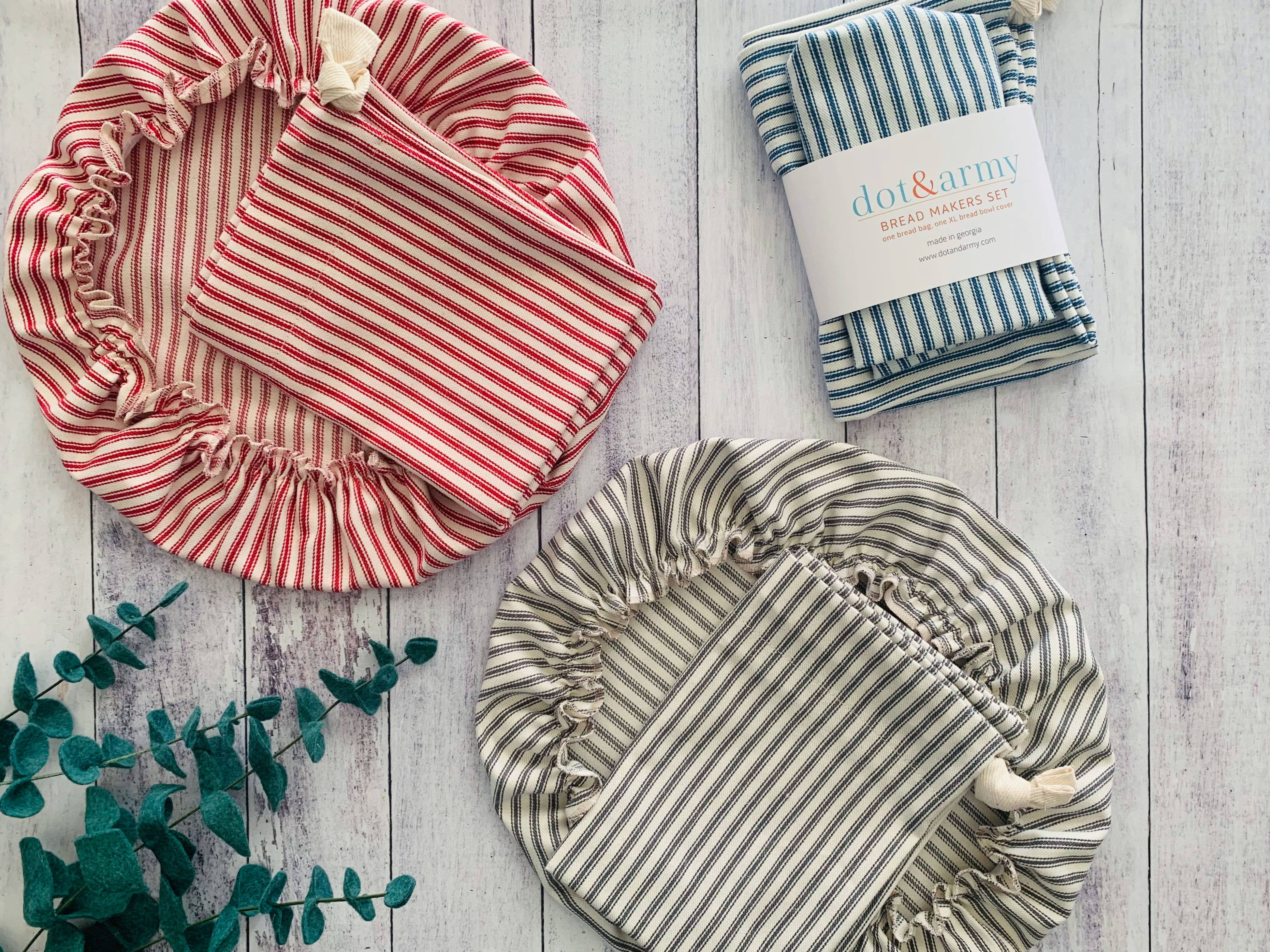 Bread Makers Set in ticking stripes bread bag and bowl cover
