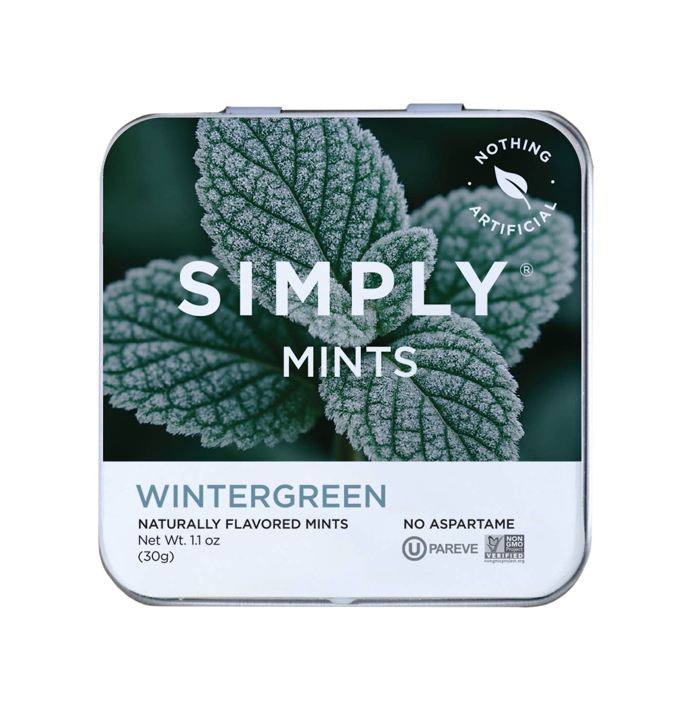 Simply Mints Wintergreen tin close-up