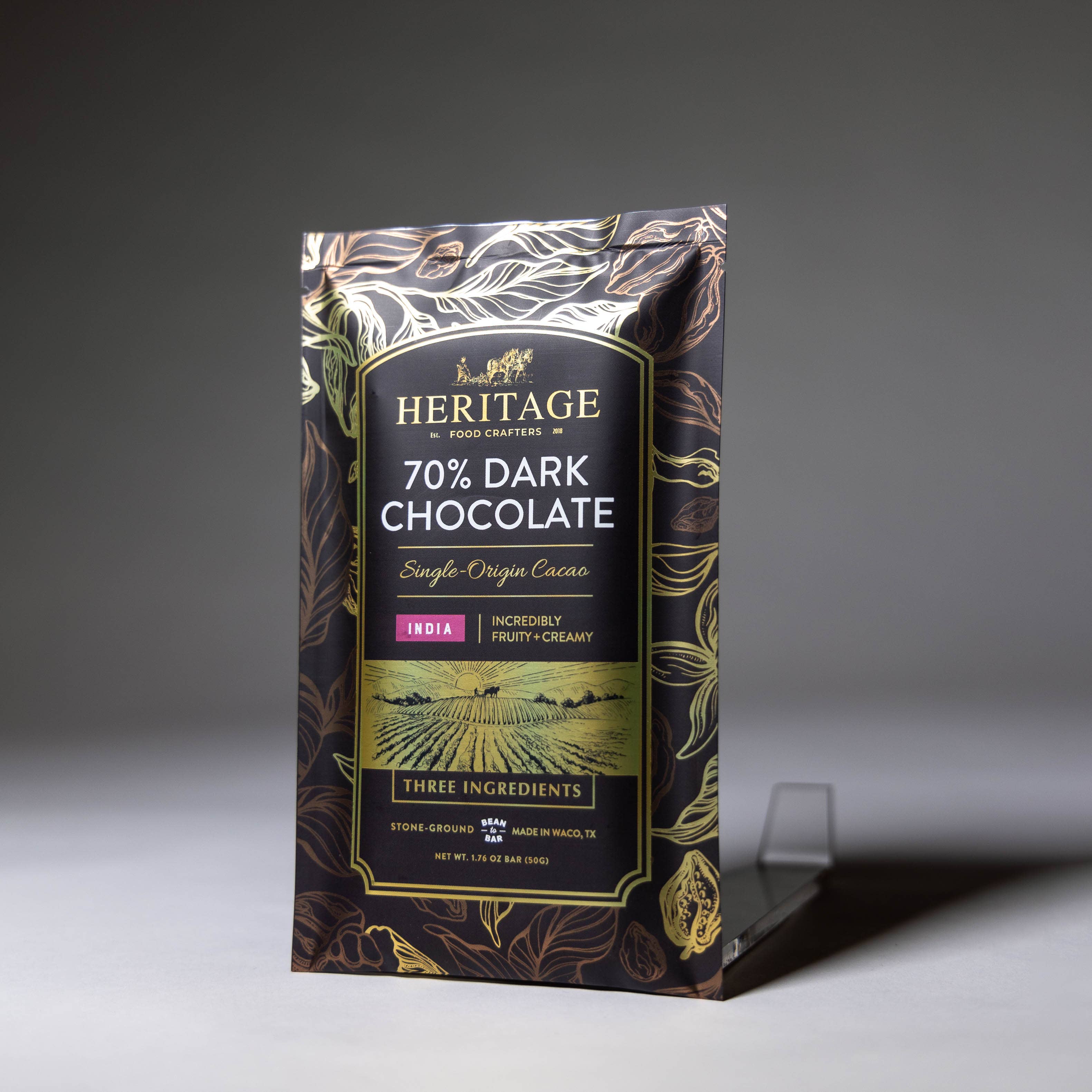 70% India Dark 50g craft chocolate bar unwrapped