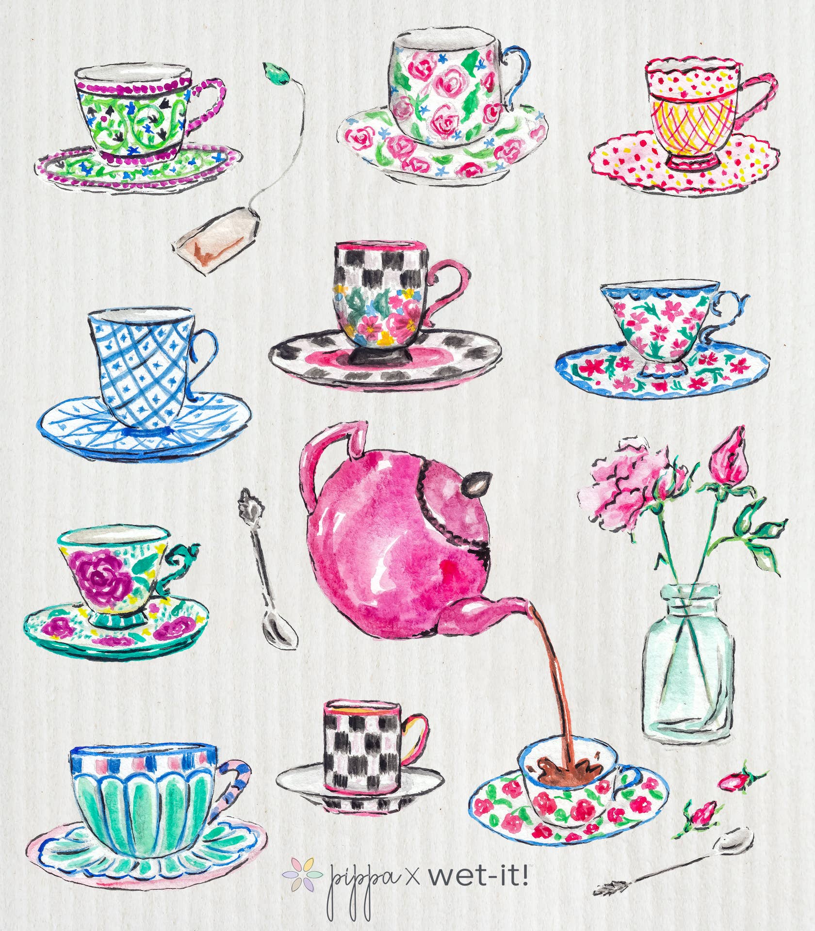 Teatime Swedish Cloth with teacup and teapot design