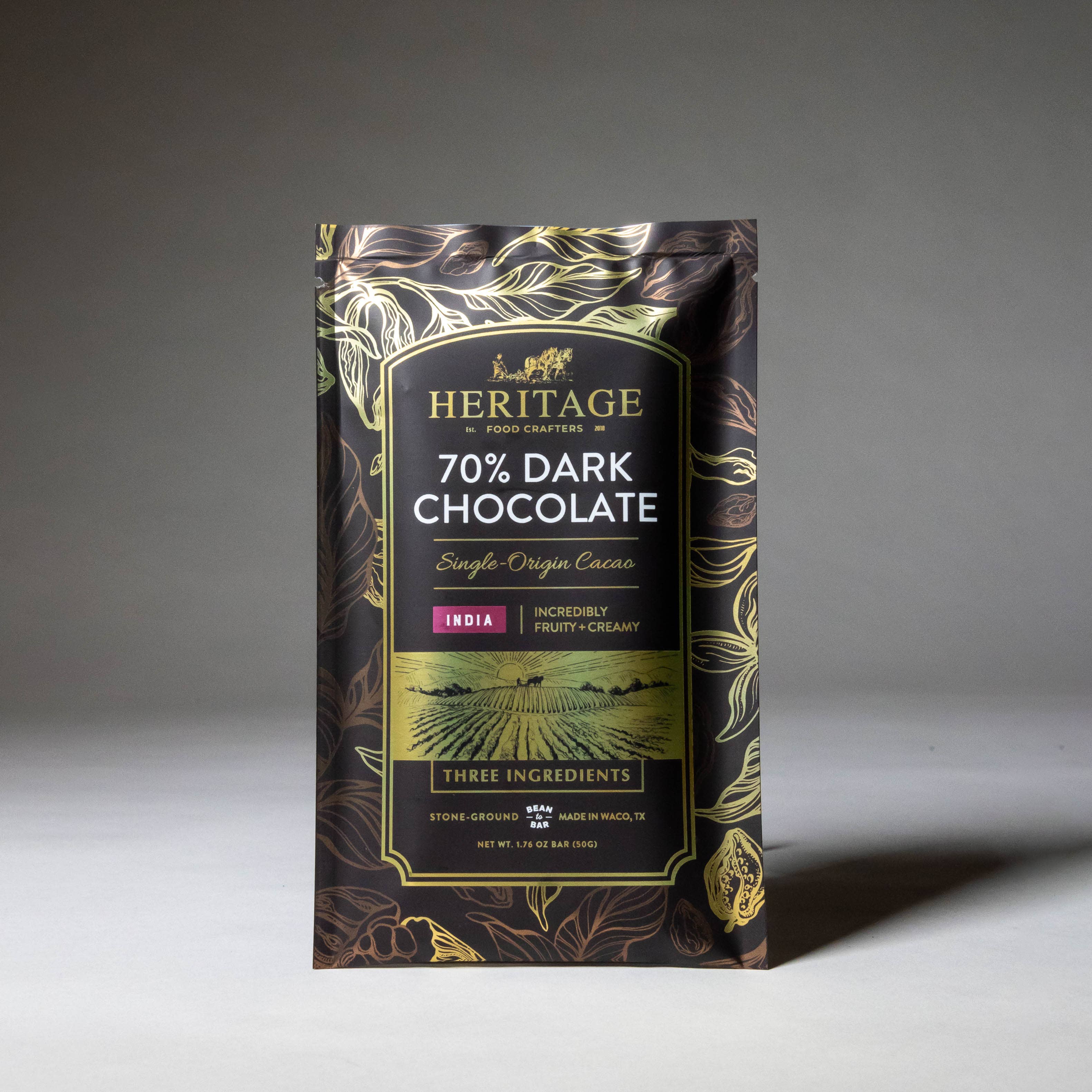 70% India Dark 50g craft chocolate bar detail view