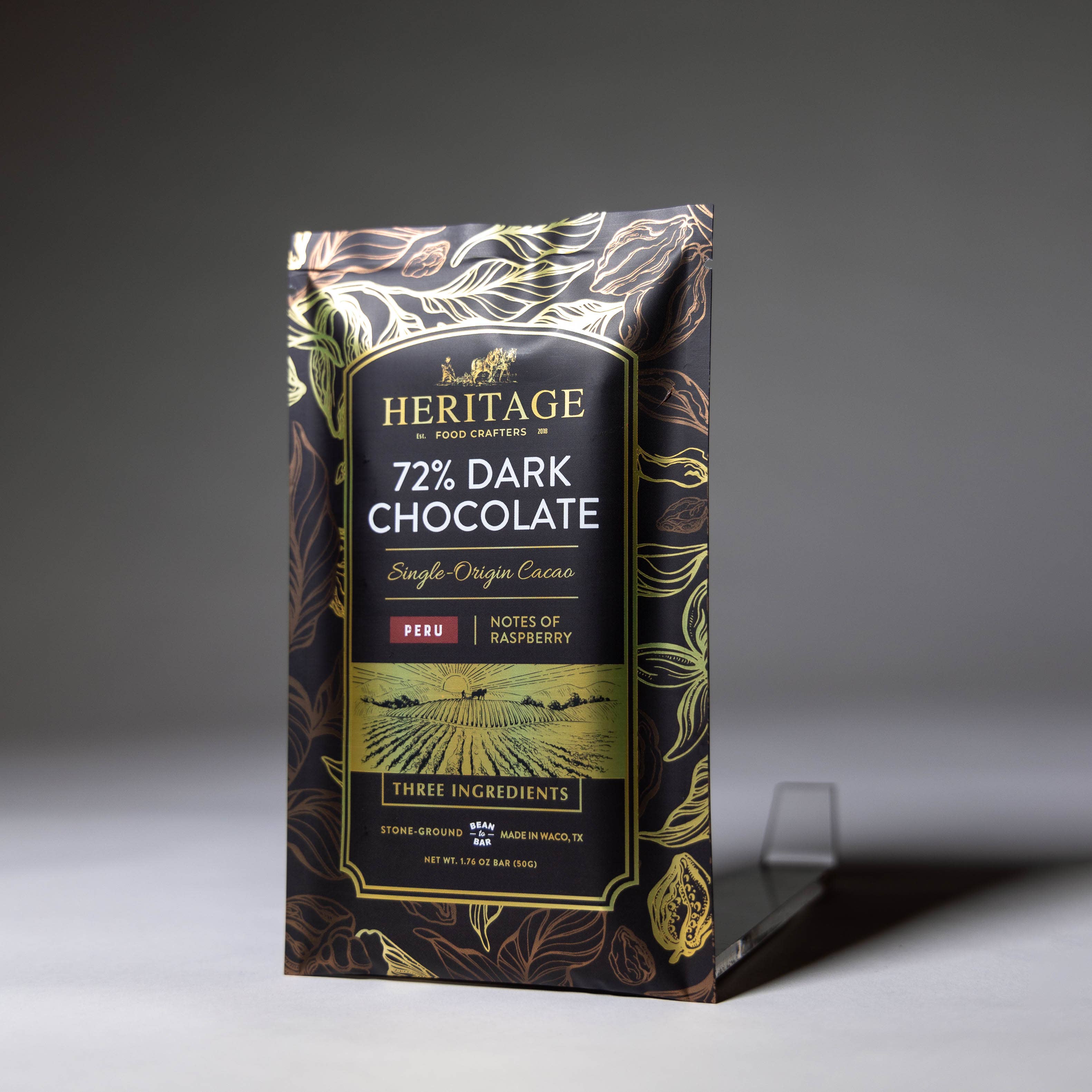 72% Peru Dark 50g craft chocolate bar unwrapped