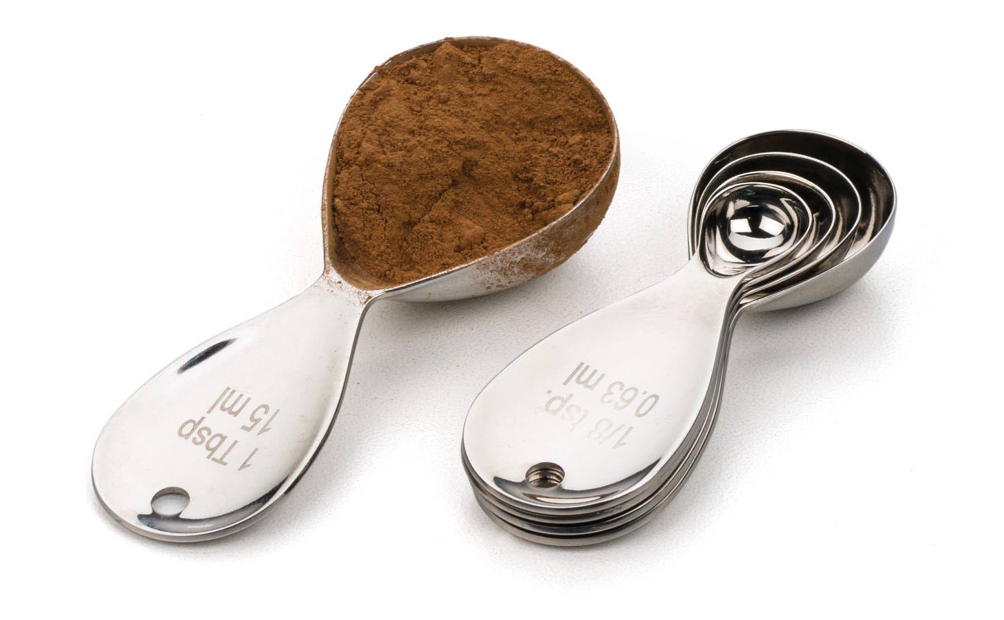 Teardrop measuring spoons fanned out showing sizes