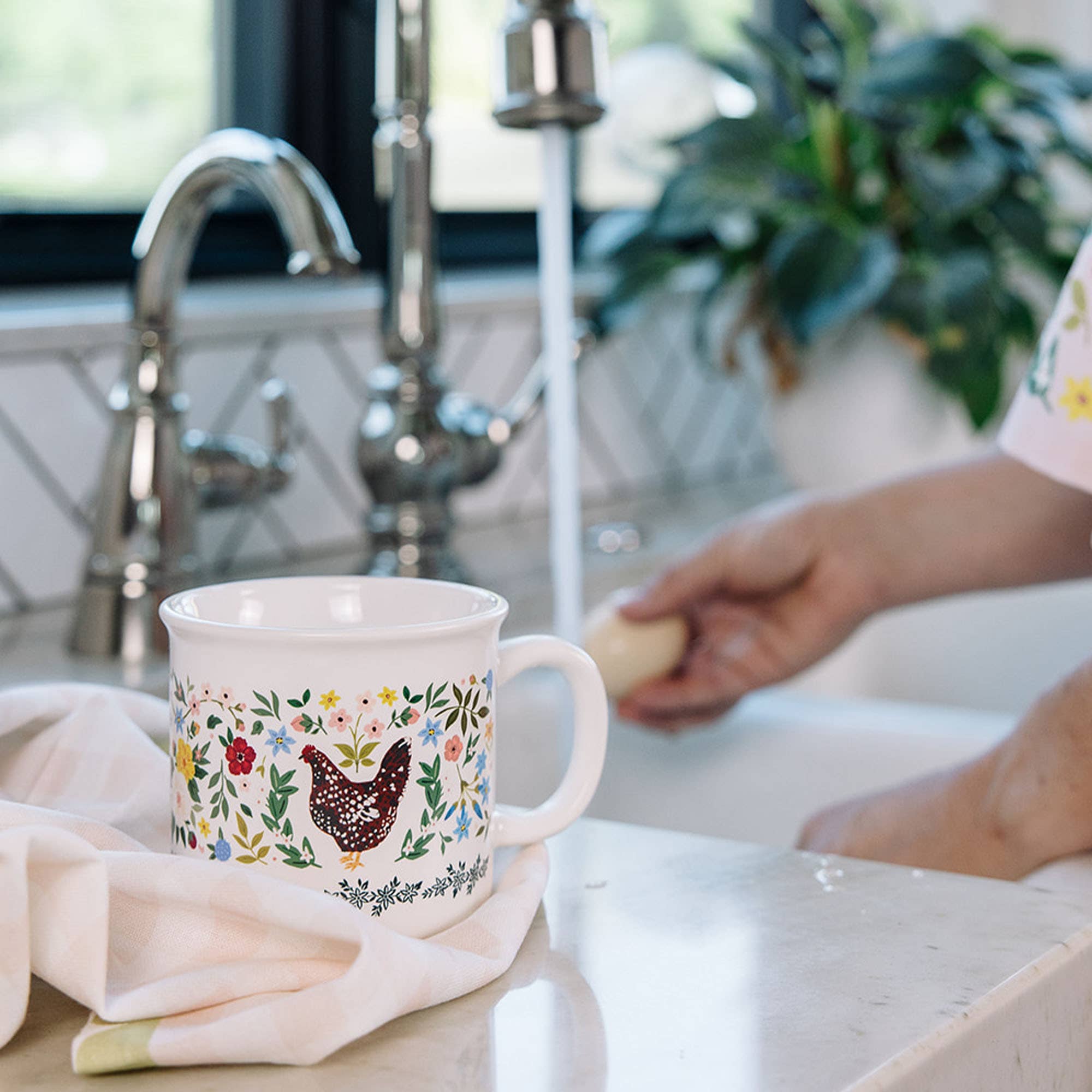 Chickens folk floral mug showing opposite side design