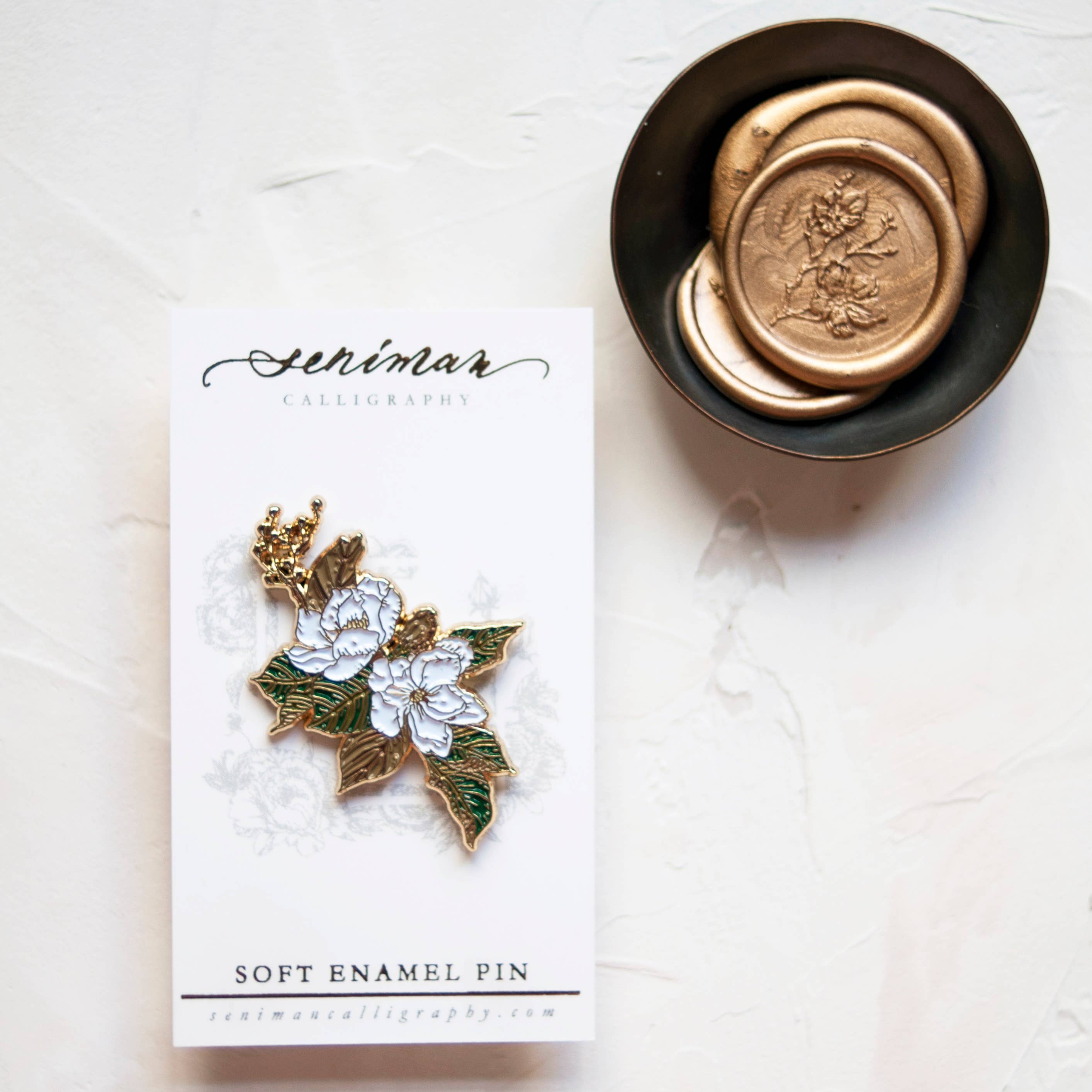 Southern Magnolia gold soft enamel pin close-up