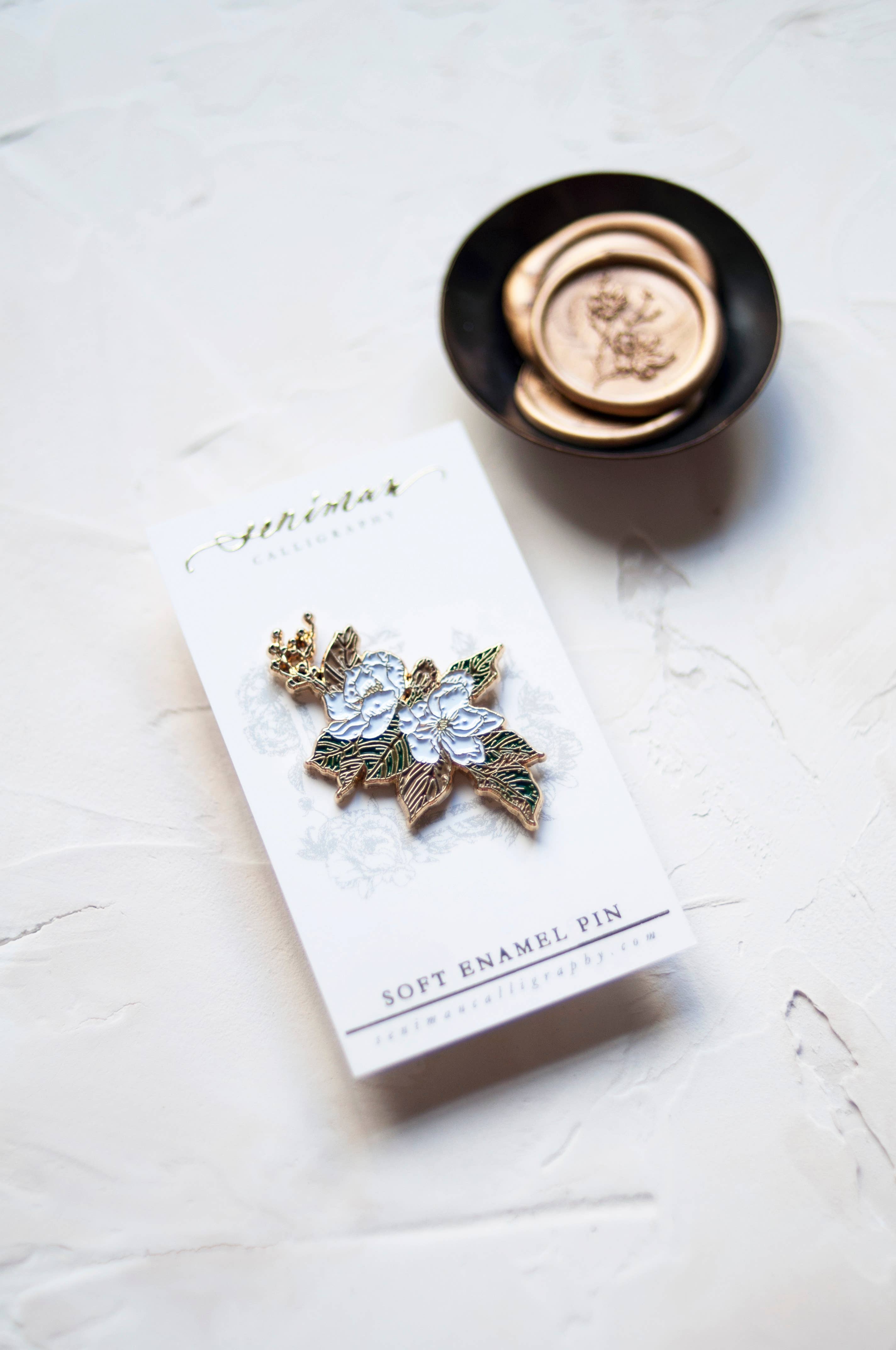 Southern Magnolia gold soft enamel pin back clasp detail