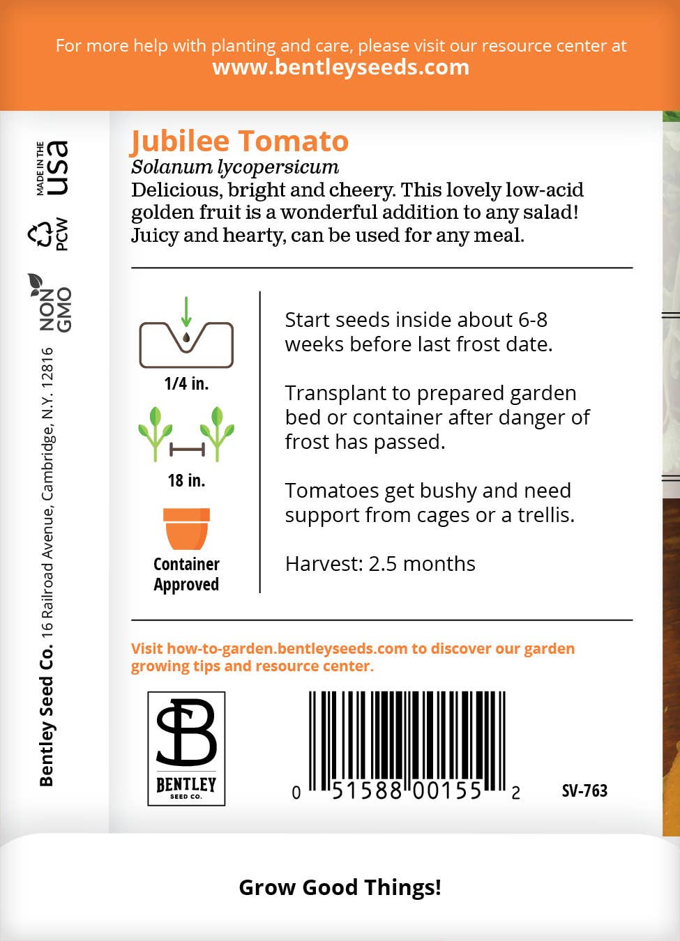 Brim Seed Co. Jubilee Tomato seed packet back with details