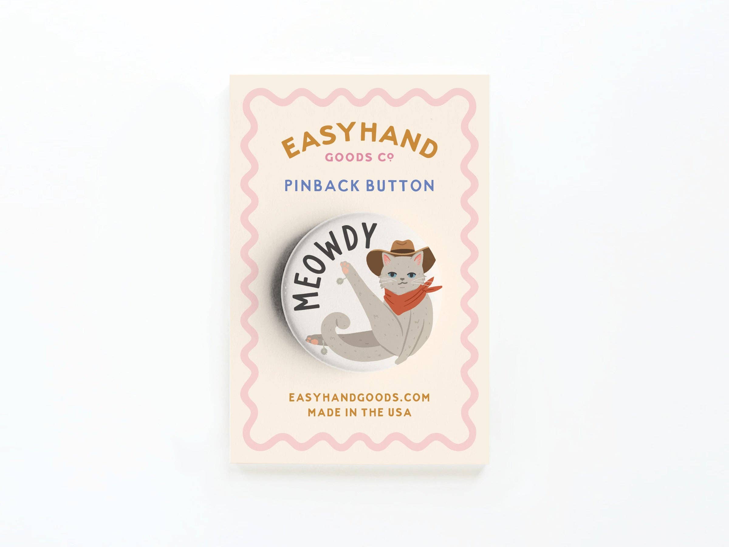 Meowdy button pin with cat in cowboy hat