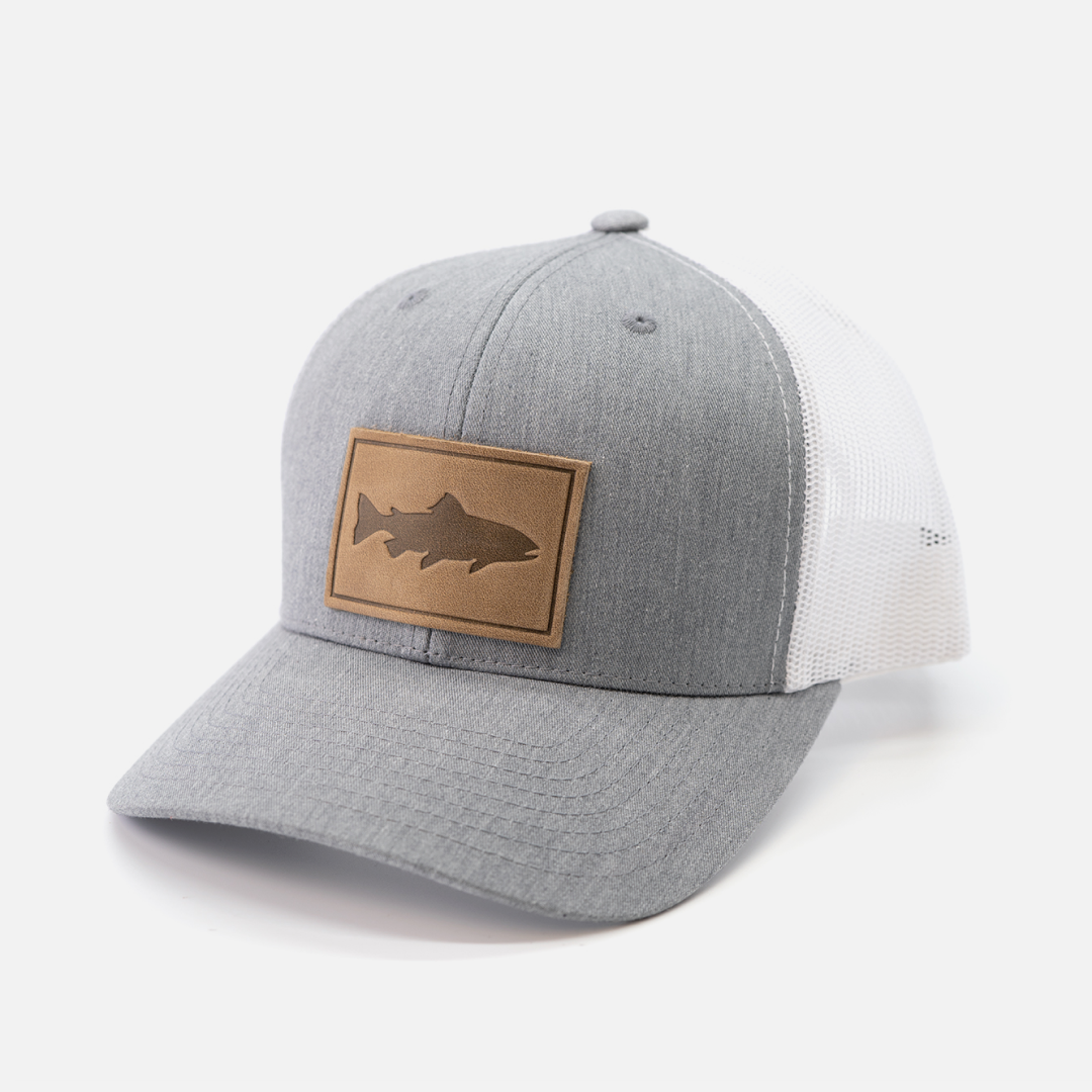Trout Hat leather patch trucker cap color variant angled