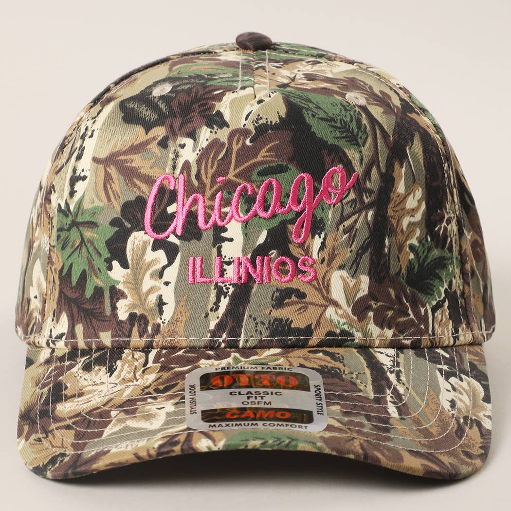 Custom camo embroidered hat back view with adjustable closure