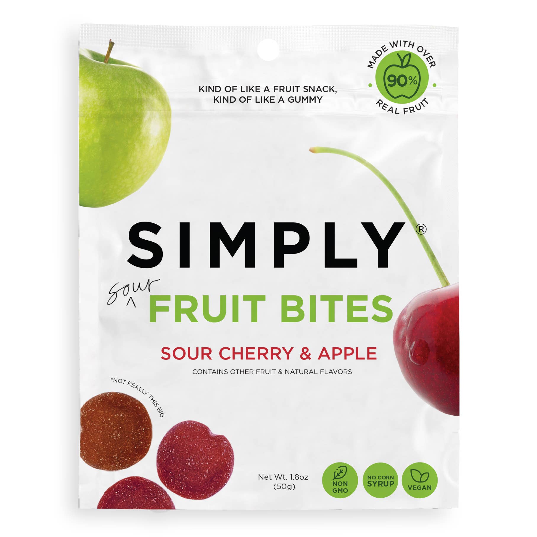 Sour cherry and apple fruit bites candy pieces closeup