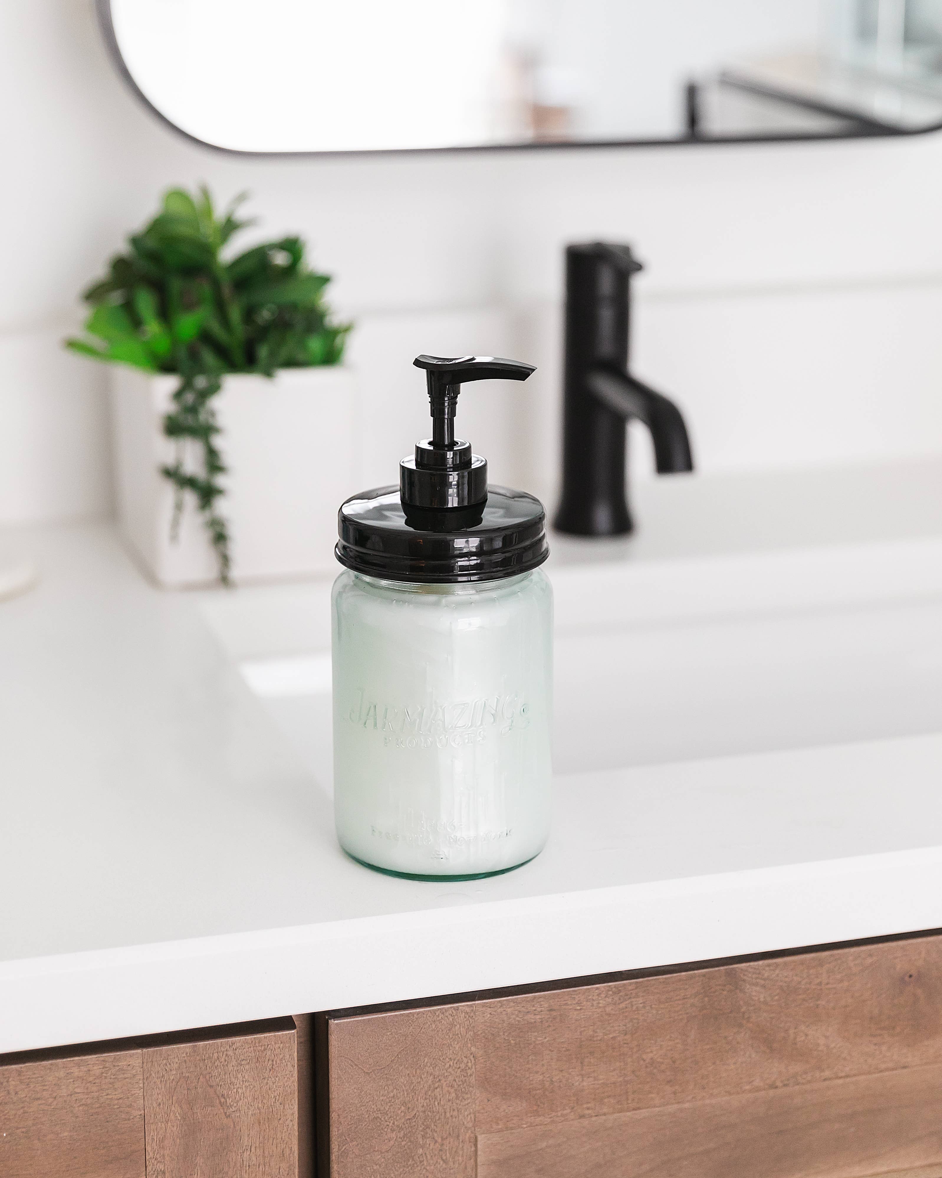 Blue glass mason jar soap dispenser detail view