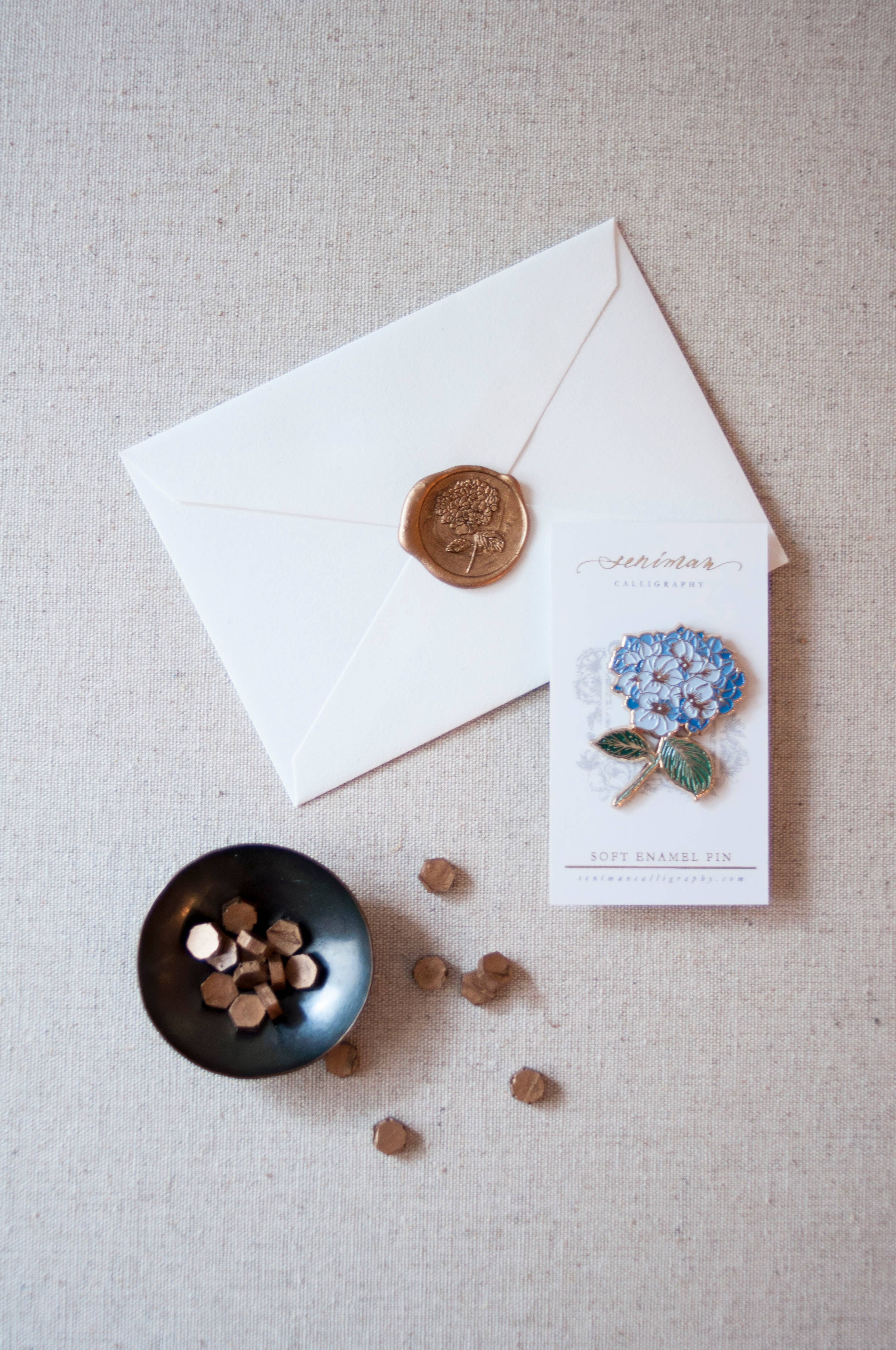 Hydrangea gold soft enamel pin close-up detail