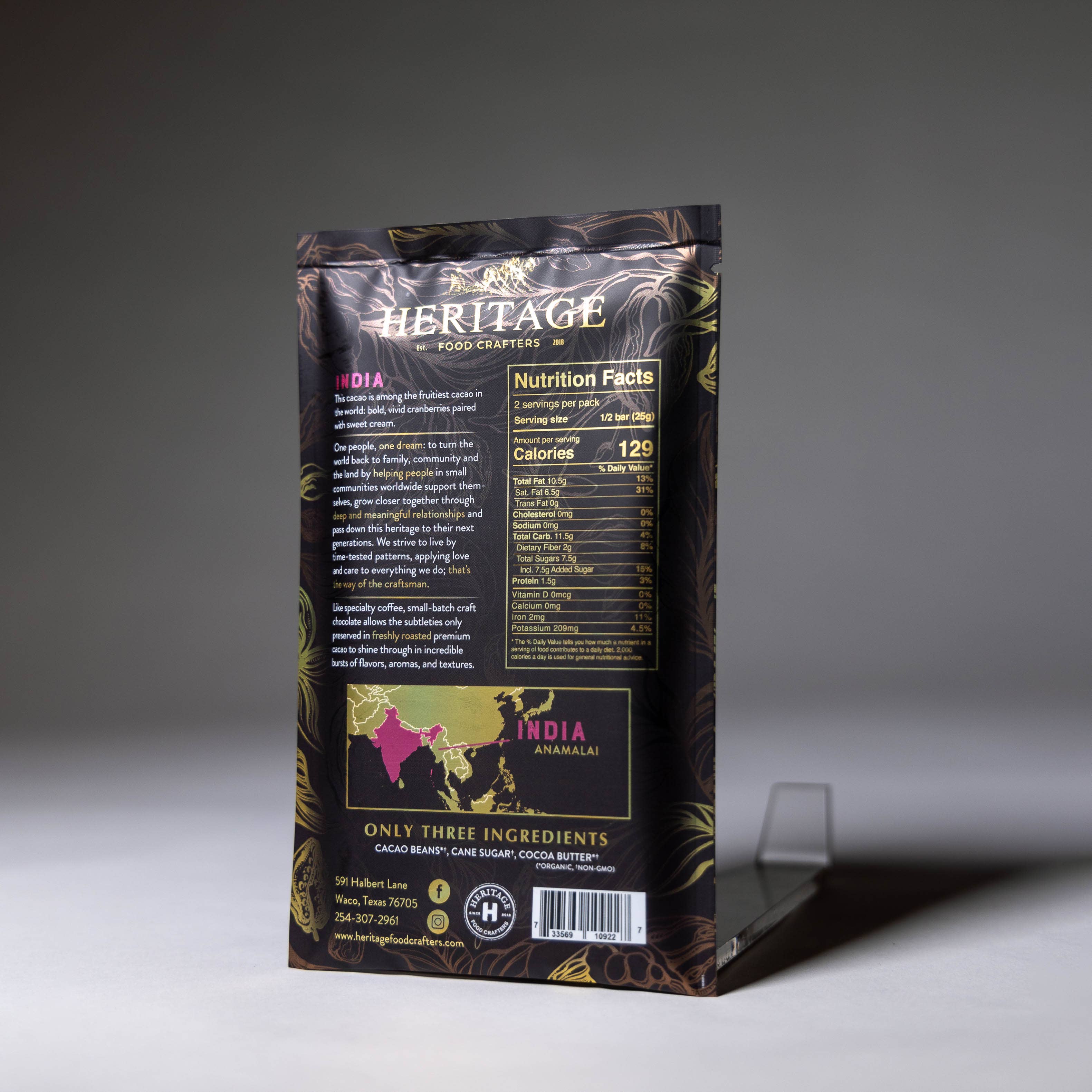 70% India Dark 50g craft chocolate bar close-up