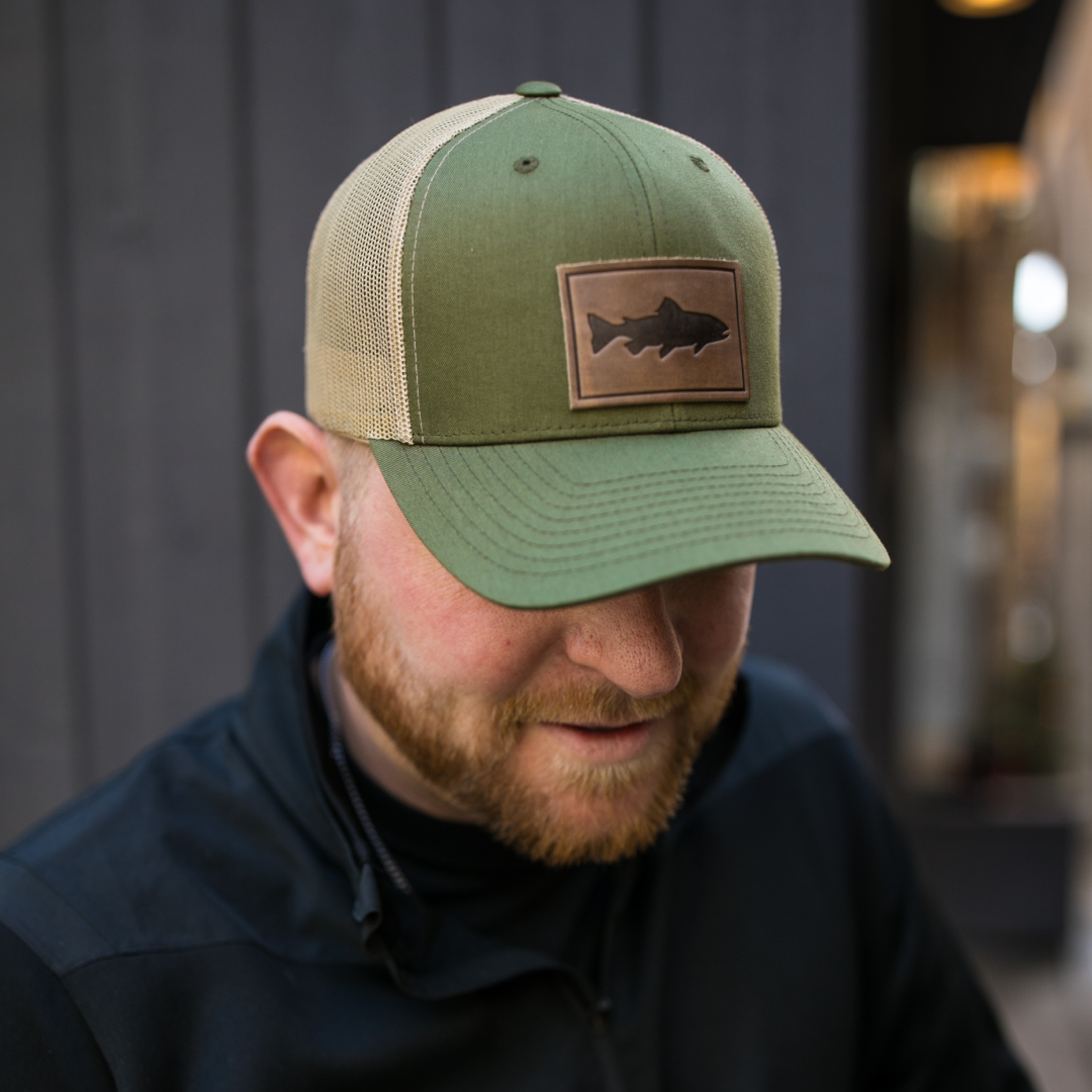 Trout Hat leather patch trucker cap side view