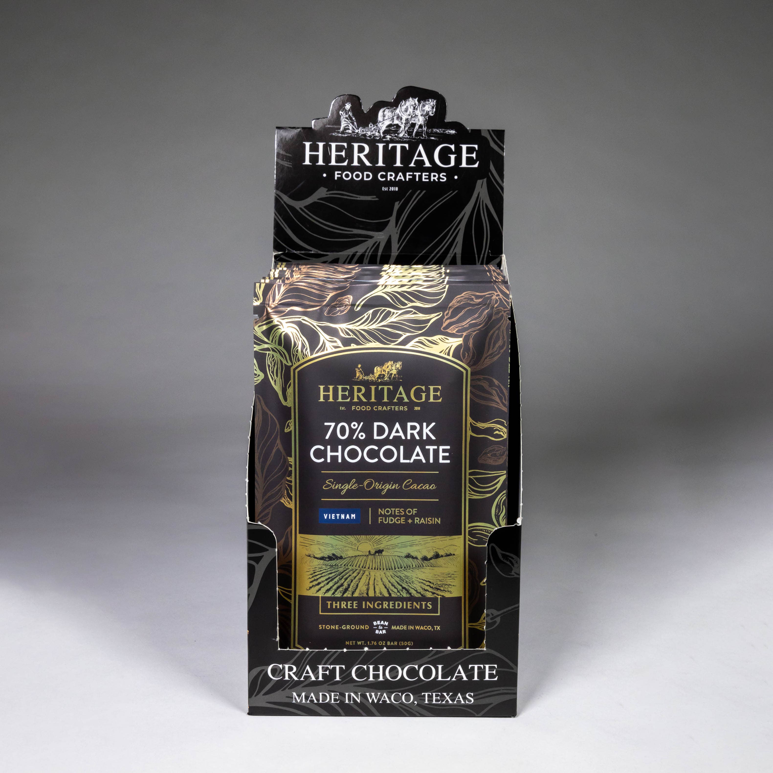 70% Vietnam Dark craft chocolate bar 50g front packaging