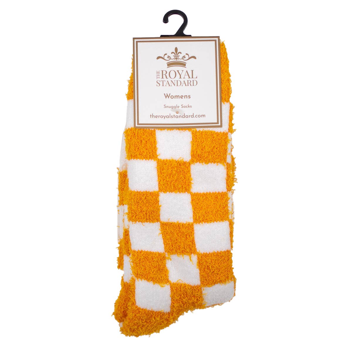 Women's checkerboard snuggle socks in orange and white