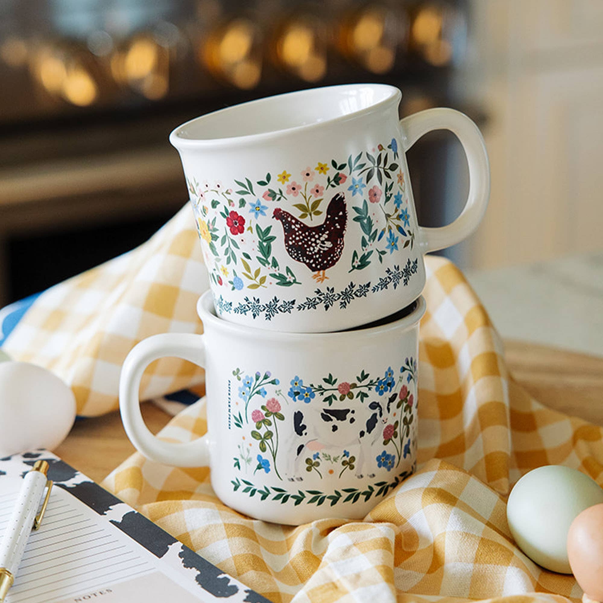 Chickens folk floral mug design closeup with chicken illustration
