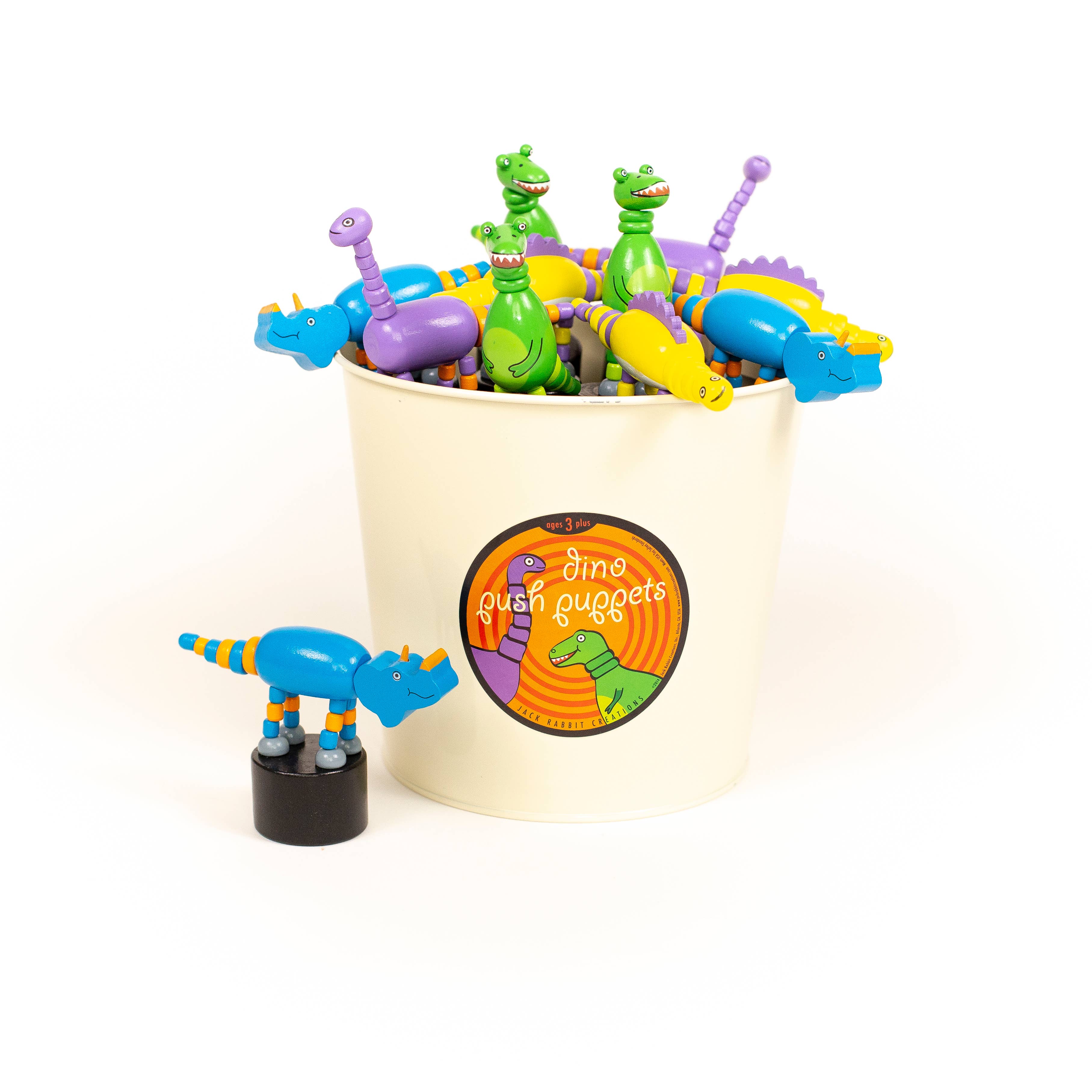 Dinosaur push puppet toy in playful pressed-down pose