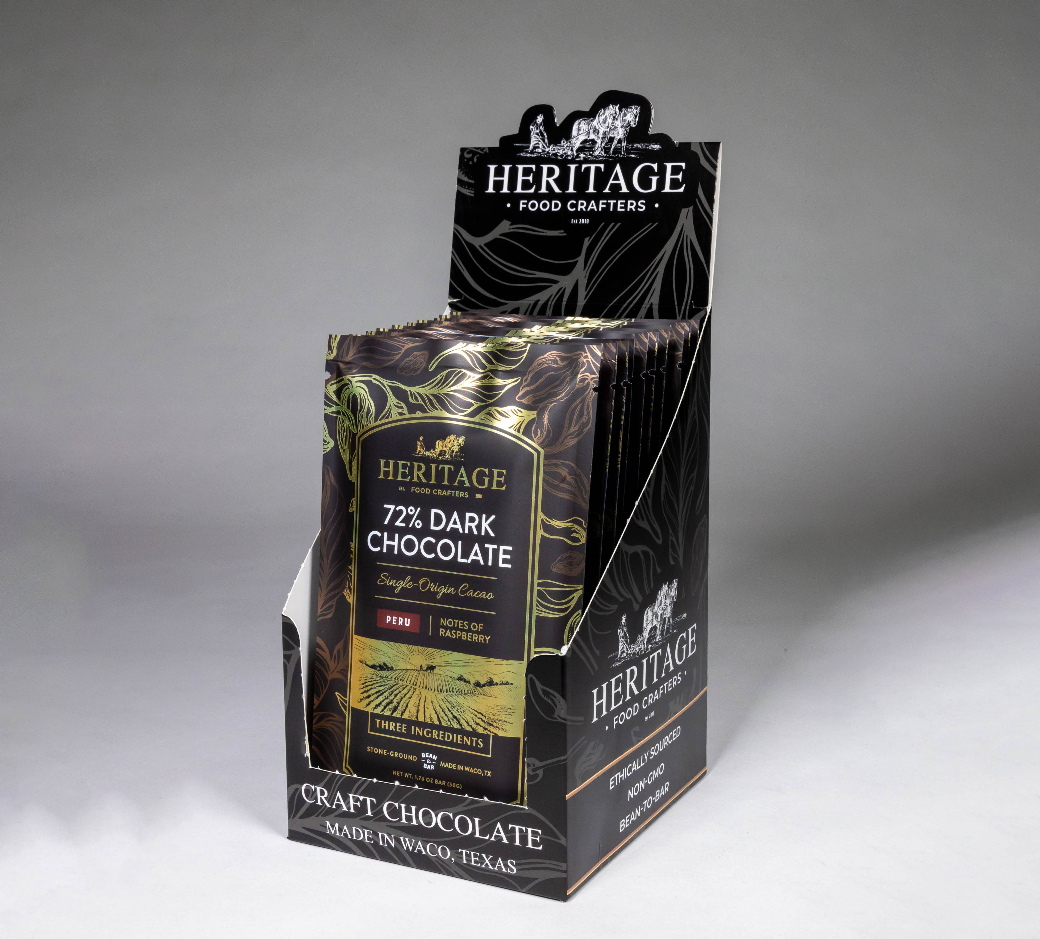 72% Peru Dark 50g craft chocolate bar detail view