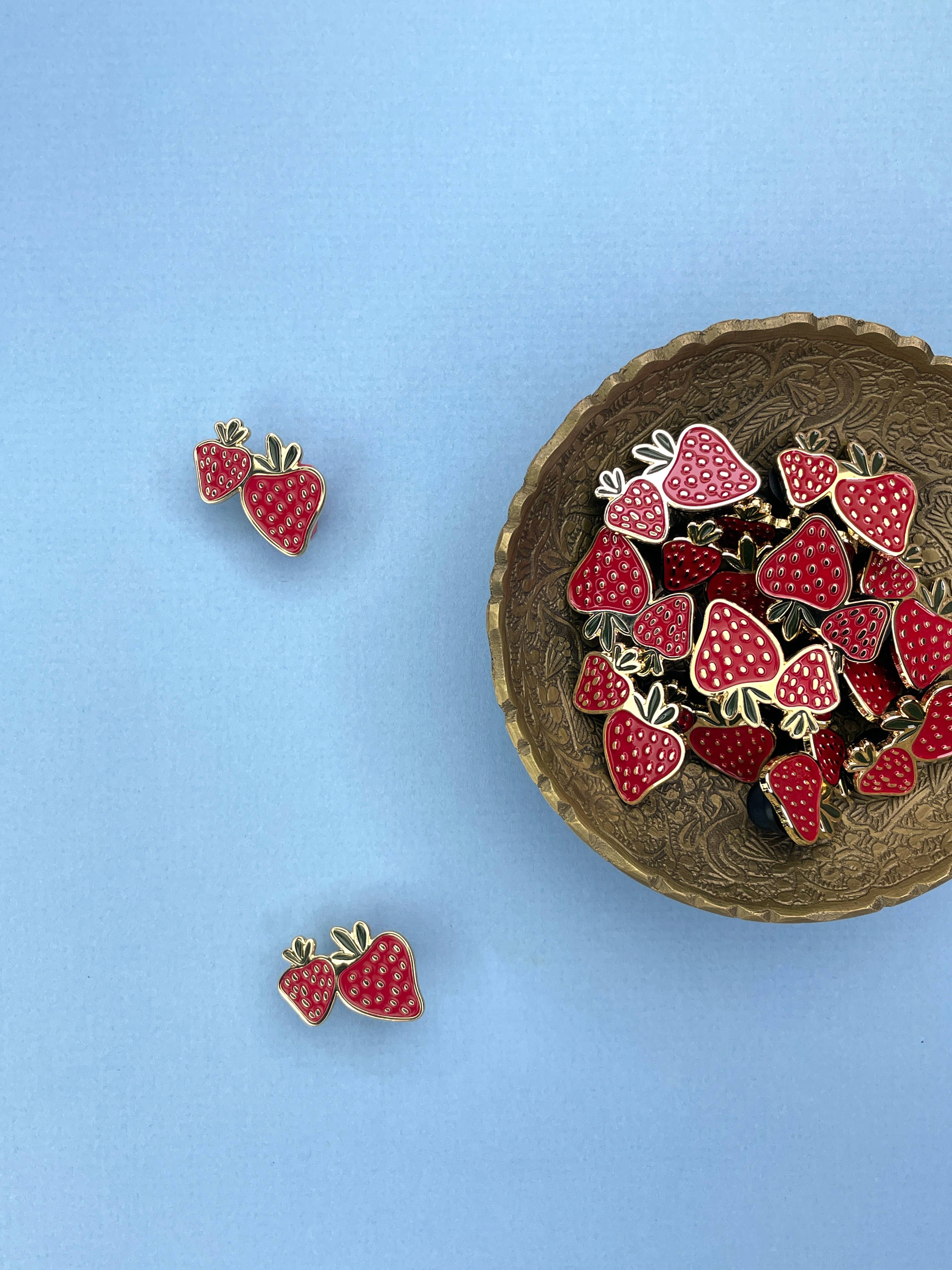 Strawberry Set enamel pin on backing card