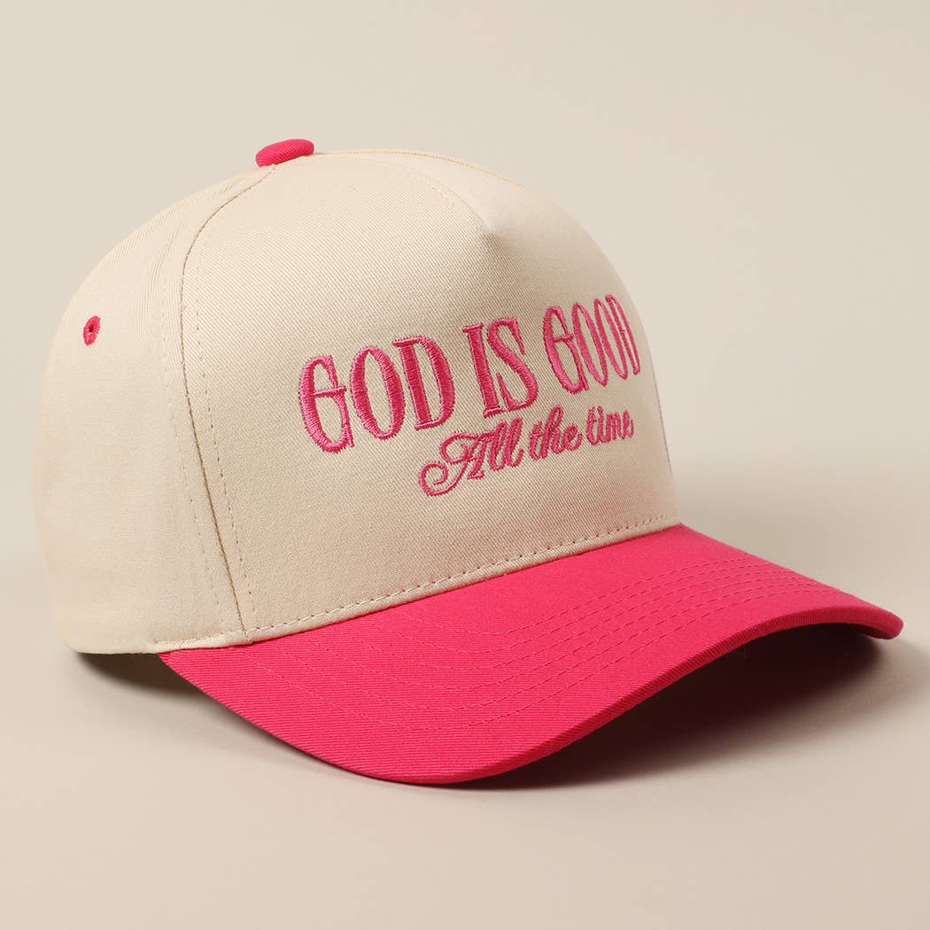 God Is Good All The Time embroidery trucker hat angle view